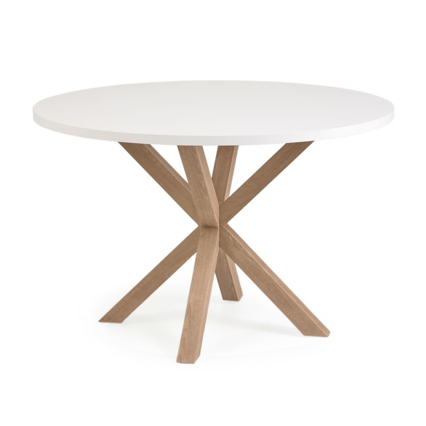 Argo kerek Ø 119 cm-es fehér melamin asztal, fahatású acéllábakkal, fahatású kivitelben
