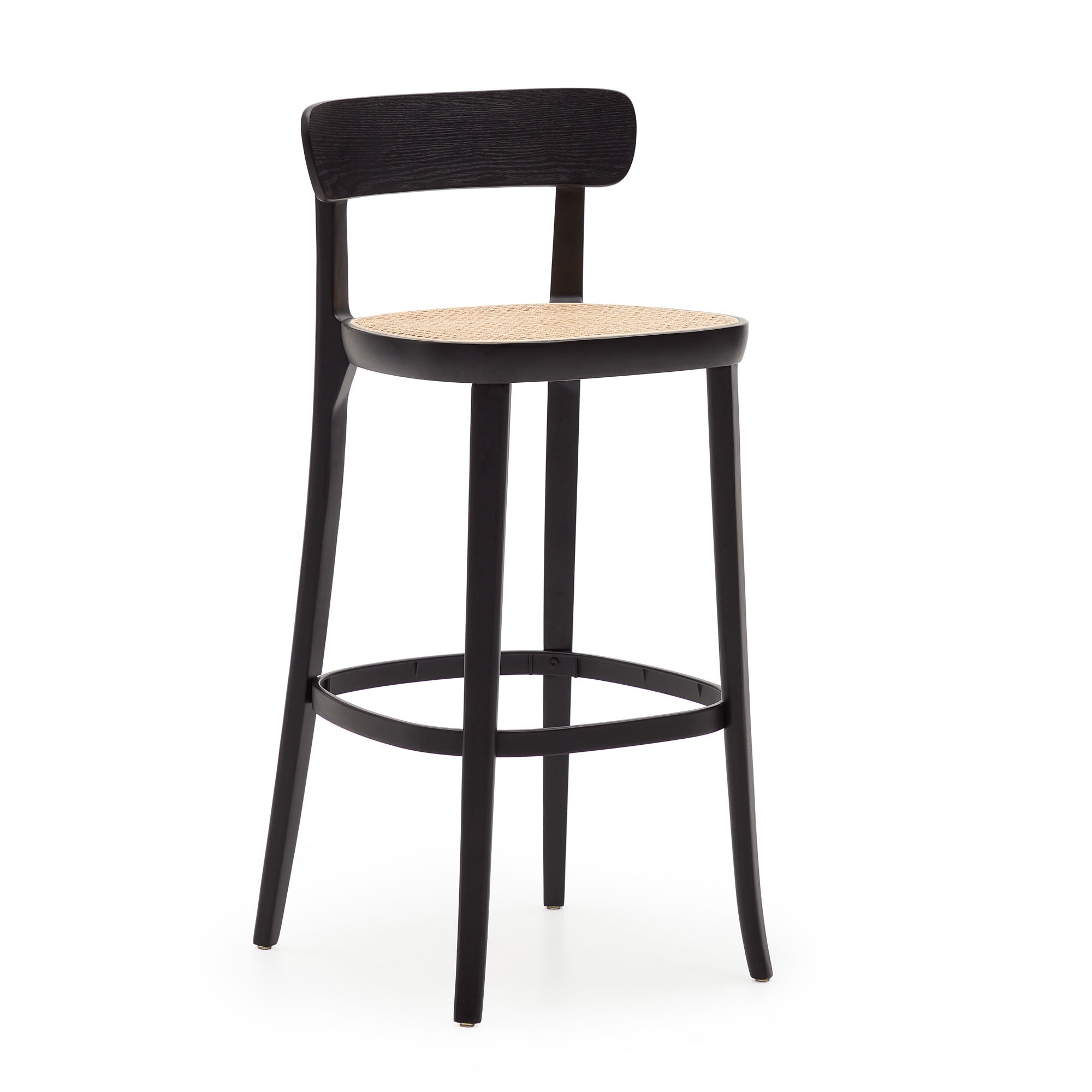 Romane beechwood stool with a black finish, ash wood veneer and ratan seat height 75 cm