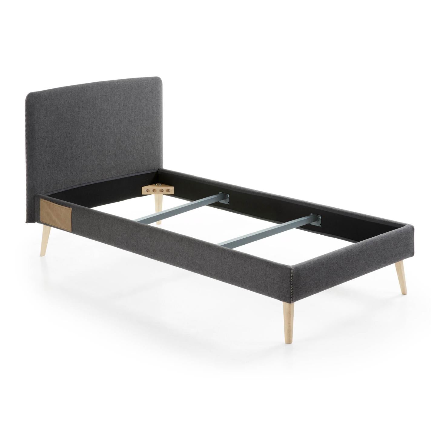 Dyla bed with removable cover in black white solid beech wood legs, for a 90 x 190 cm mattress