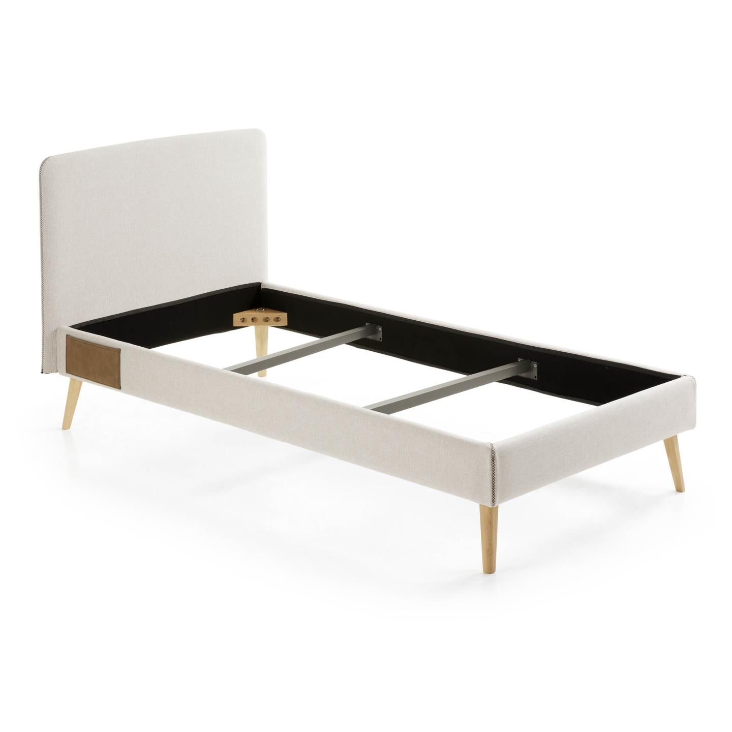 Dyla bed with removable cover in beige, with solid beech wood legs for a 90 x 190 cm mattress