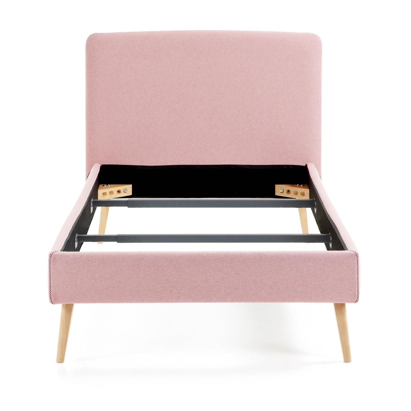 Dyla bed with removable cover in pink, with solid beech wood legs for a 90 x 190 cm mattress