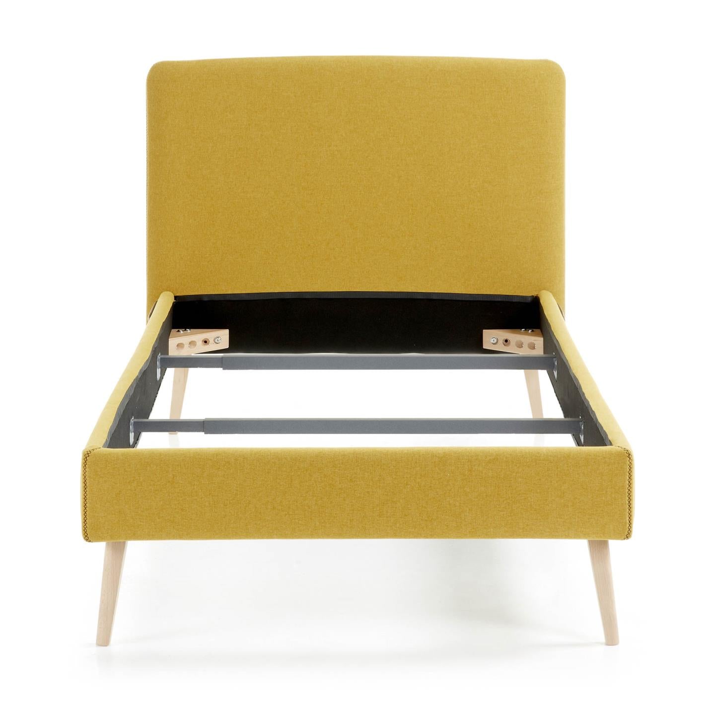 Dyla bed with removable cover in mustard, with solid beech wood legs for a 90 x 190 cm mattress