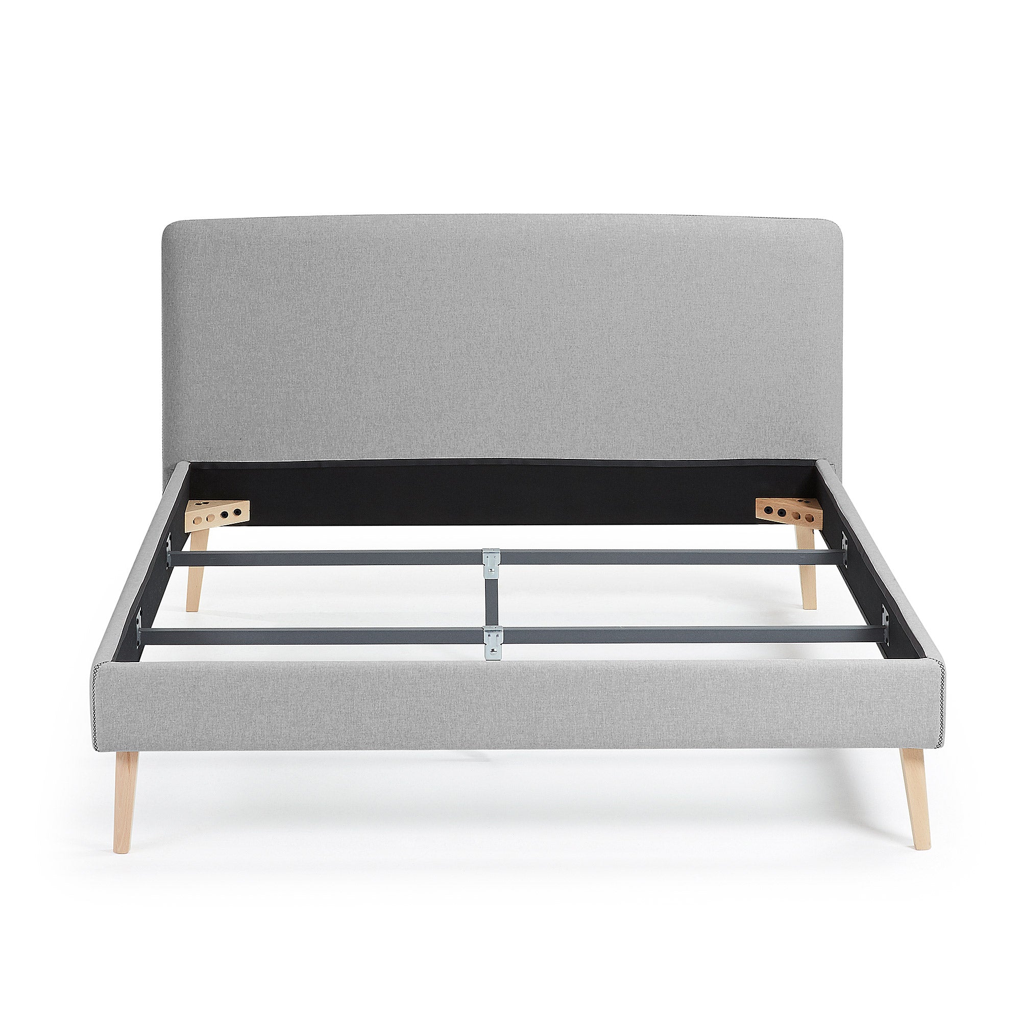 Dyla bed with removable cover in grey, with solid beech wood legs for a 150 x 190 cm mattress