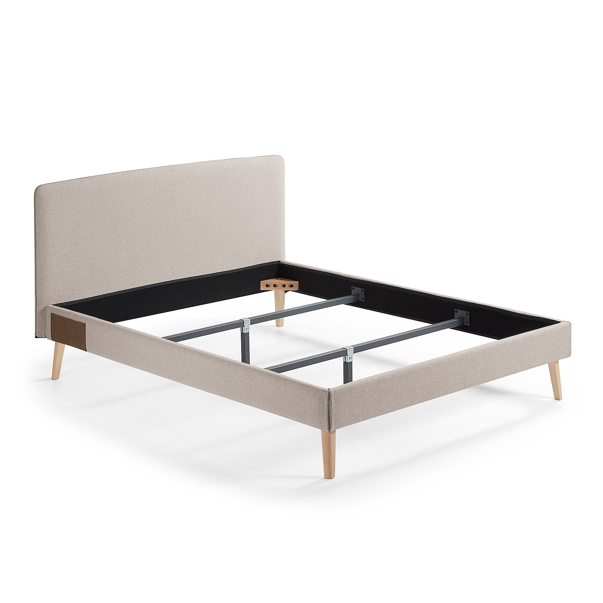 Dyla bed with removable cover in beige, with solid beech wood legs for a 150 x 190 cm mattress