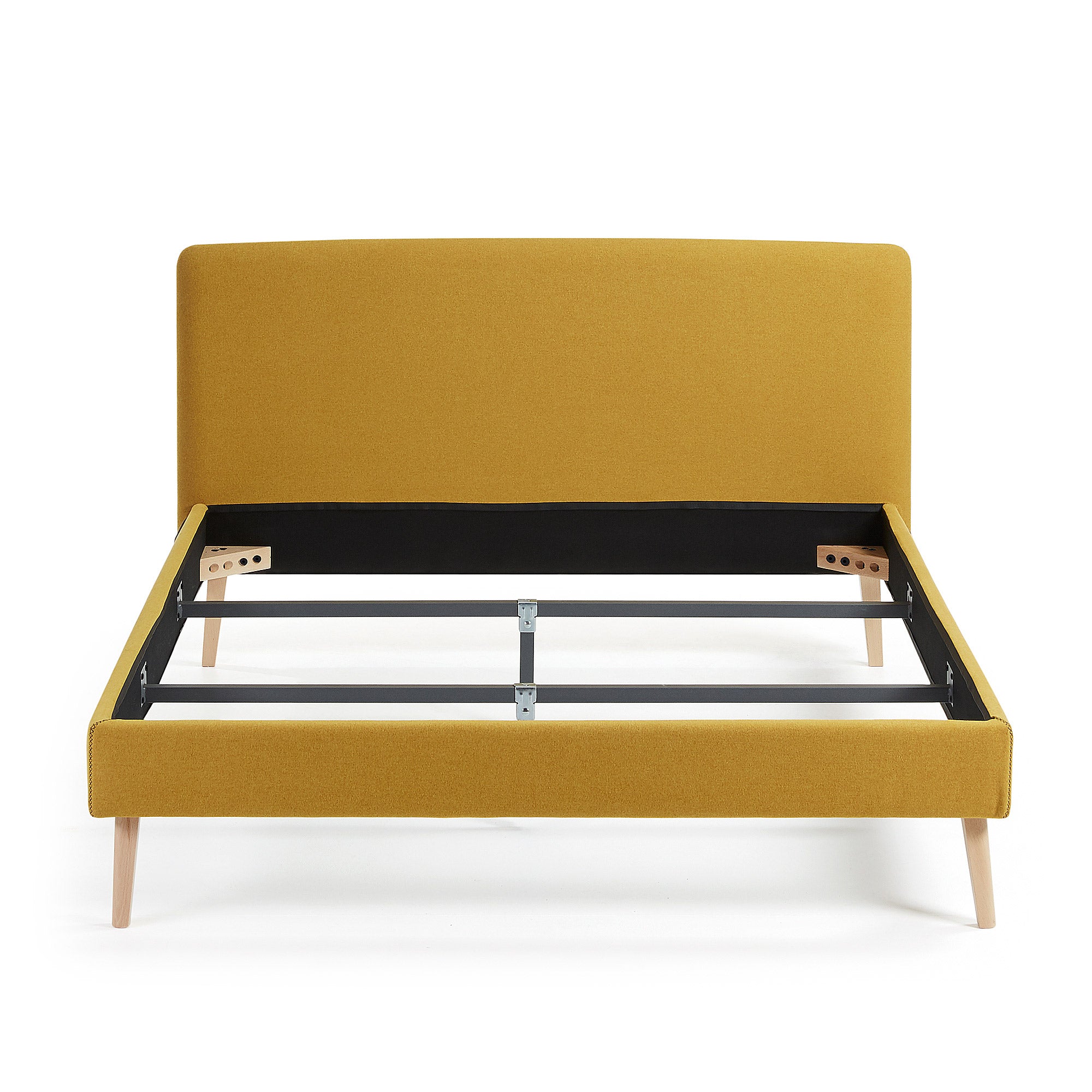 Dyla ágy levehető huzattal, mustár színben, tömör bükkfa lábakkal, 150 x 190 cm-es matrachoz