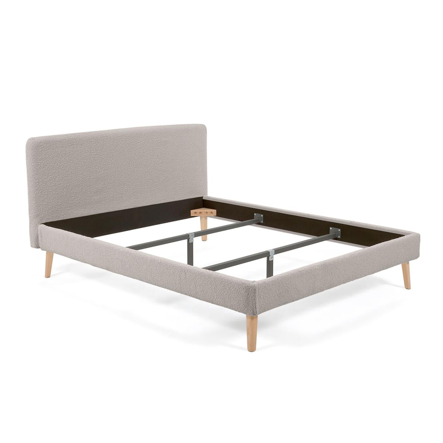 Dyla bed in light grey fleece, with solid beech wood legs for a 160 x 200 cm mattress