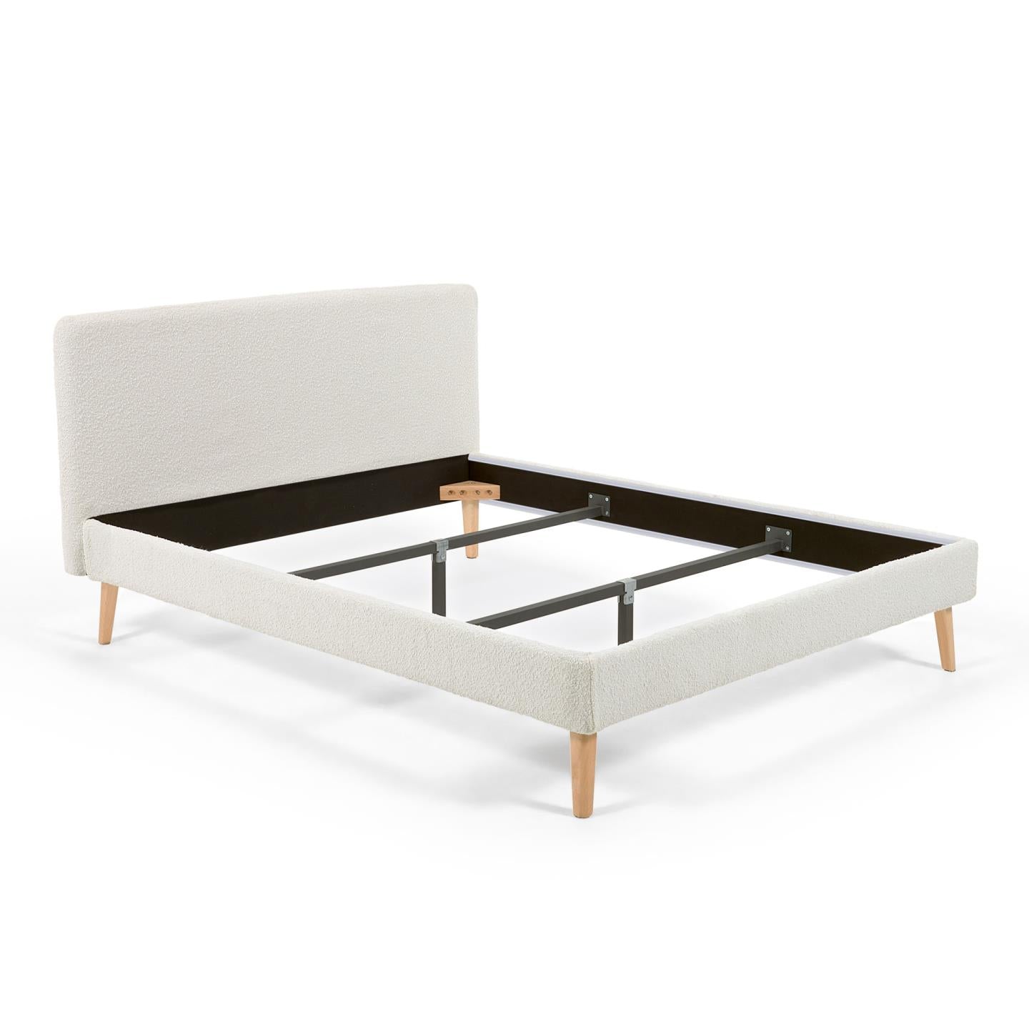 Dyla bed in white fleece, with solid beech wood legs for a 160 x 200 cm mattress