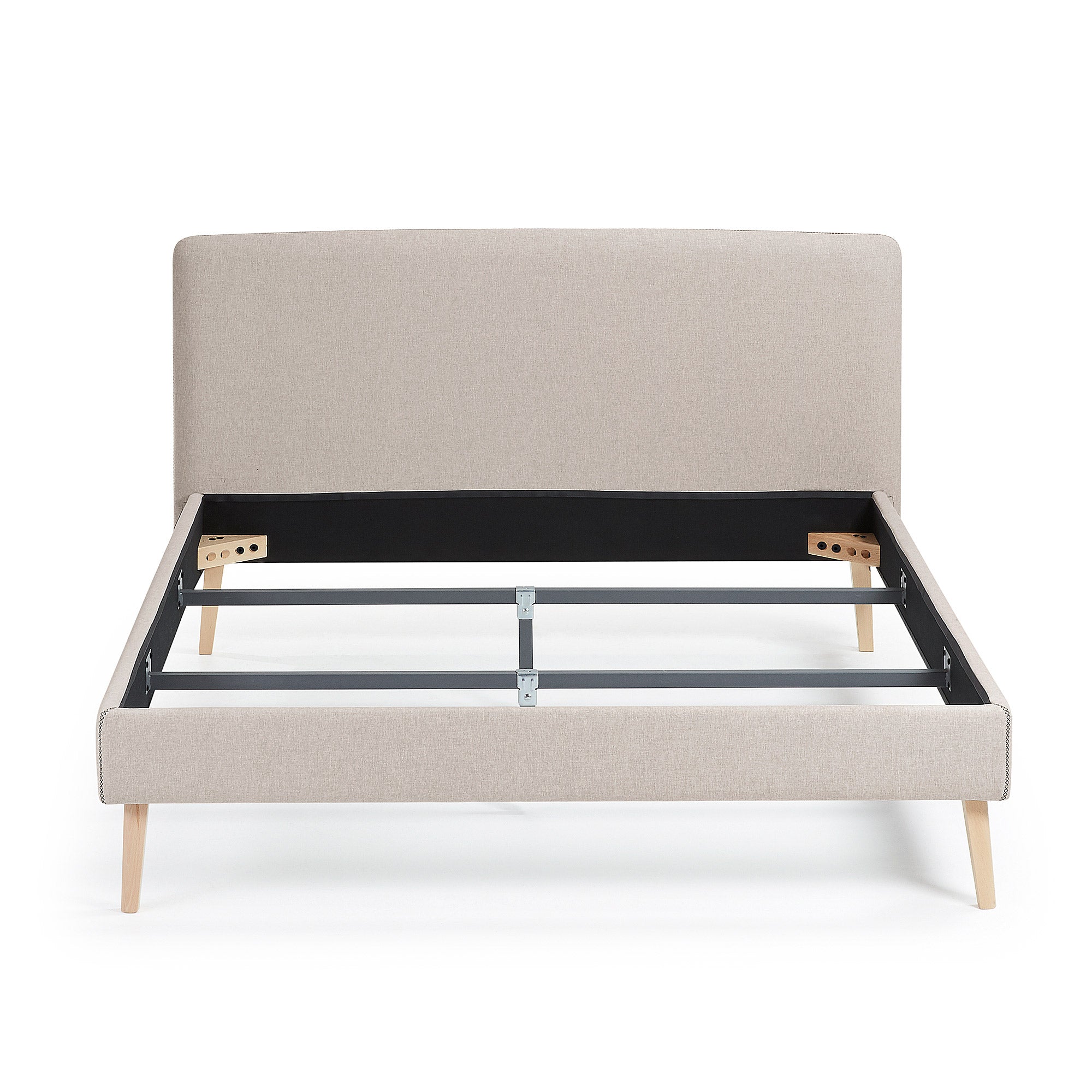 Dyla bed with removable cover in beige, with solid beech wood legs for a 160 x 200 cm mattress