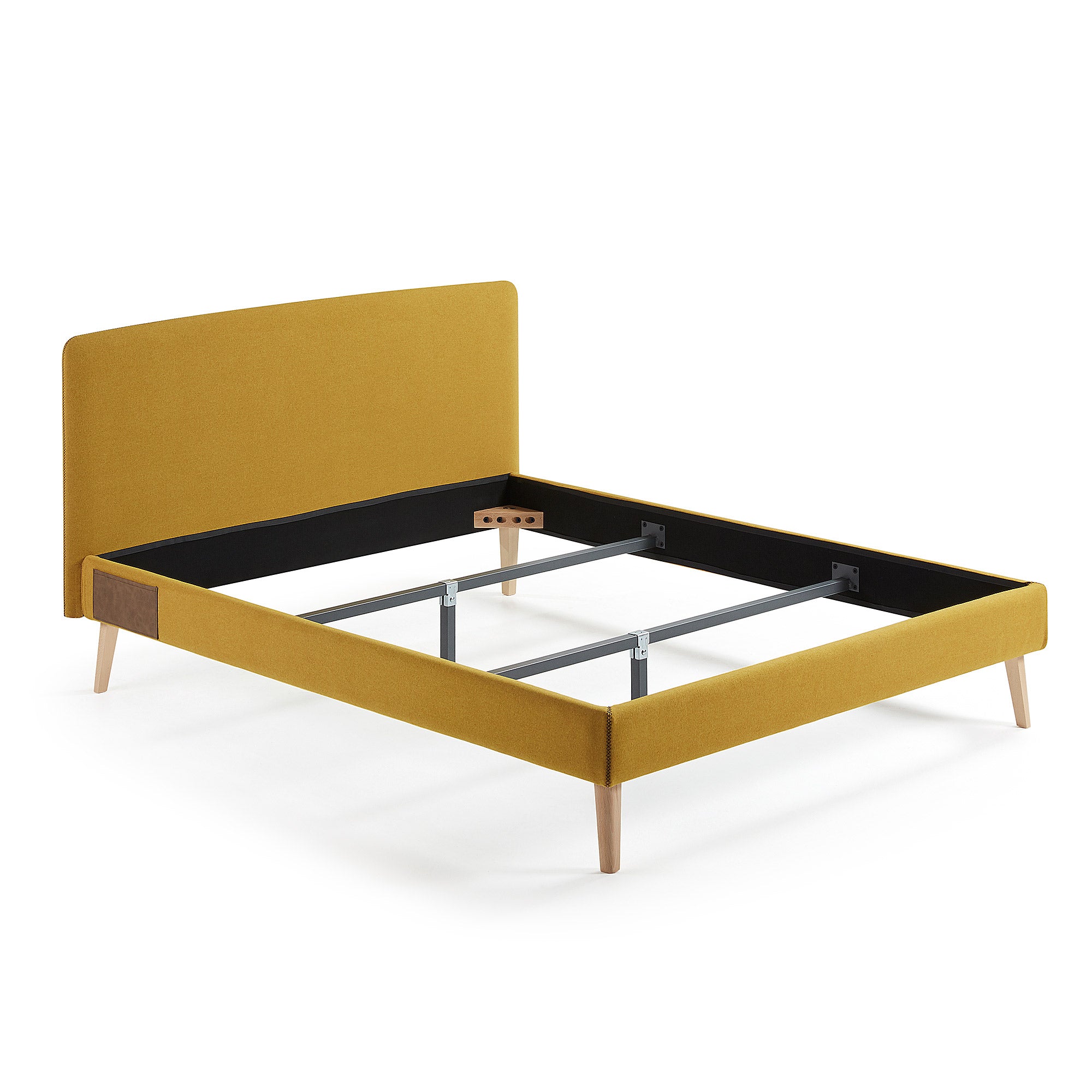 Dyla bed with removable cover in mustard, with solid beech wood legs for a 160 x 200 cm mattress