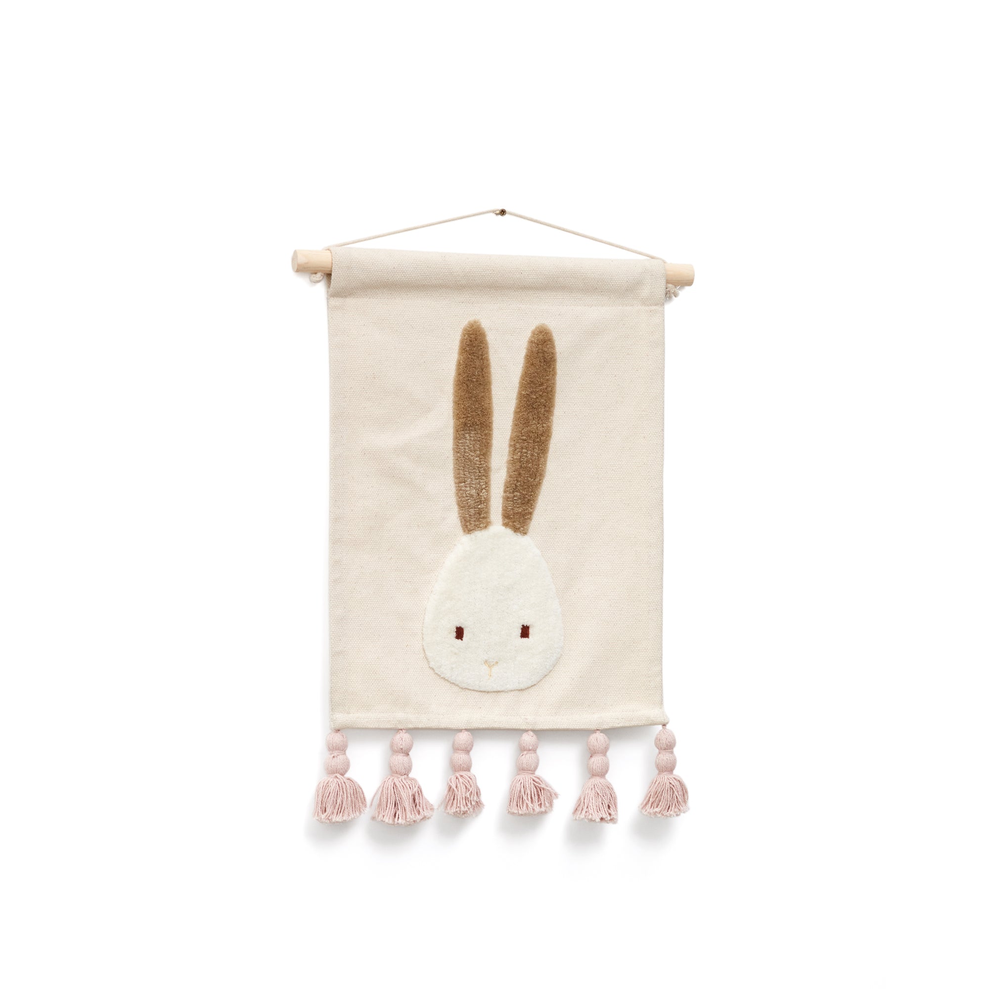 Yanil white cotton rabbit wall hanging with pink tassels, 40 x 30 cm