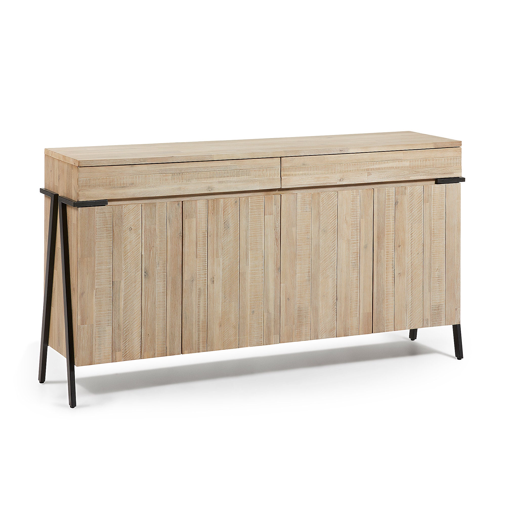 Thinh solid acacia wood sideboard 4 doors 2 drawers with black finish steel, 184 x 98 cm
