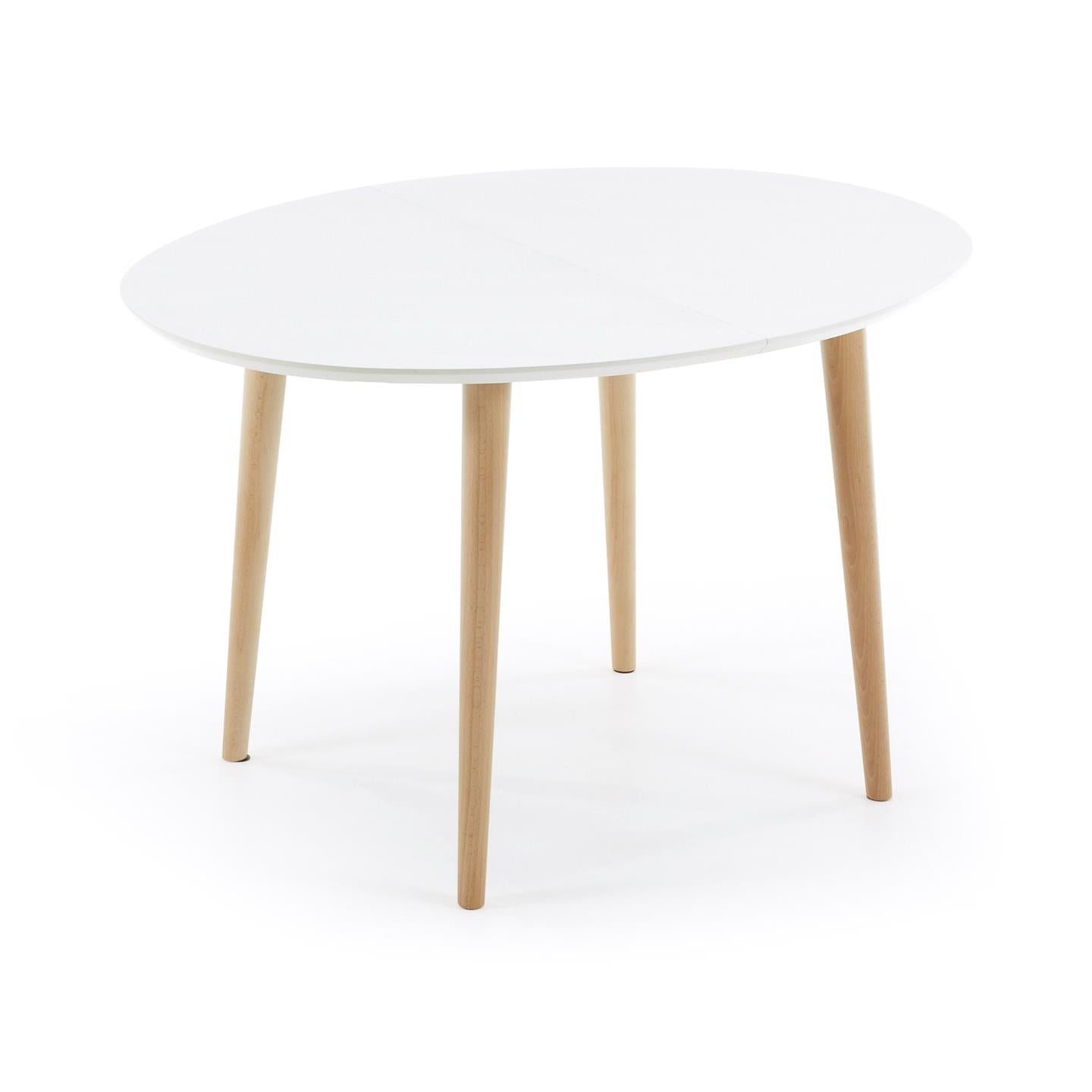 Oqui ovális kihúzható MDF asztal fehér lakkozással és tömör bükk lábakkal 120 (200) x 90 cm