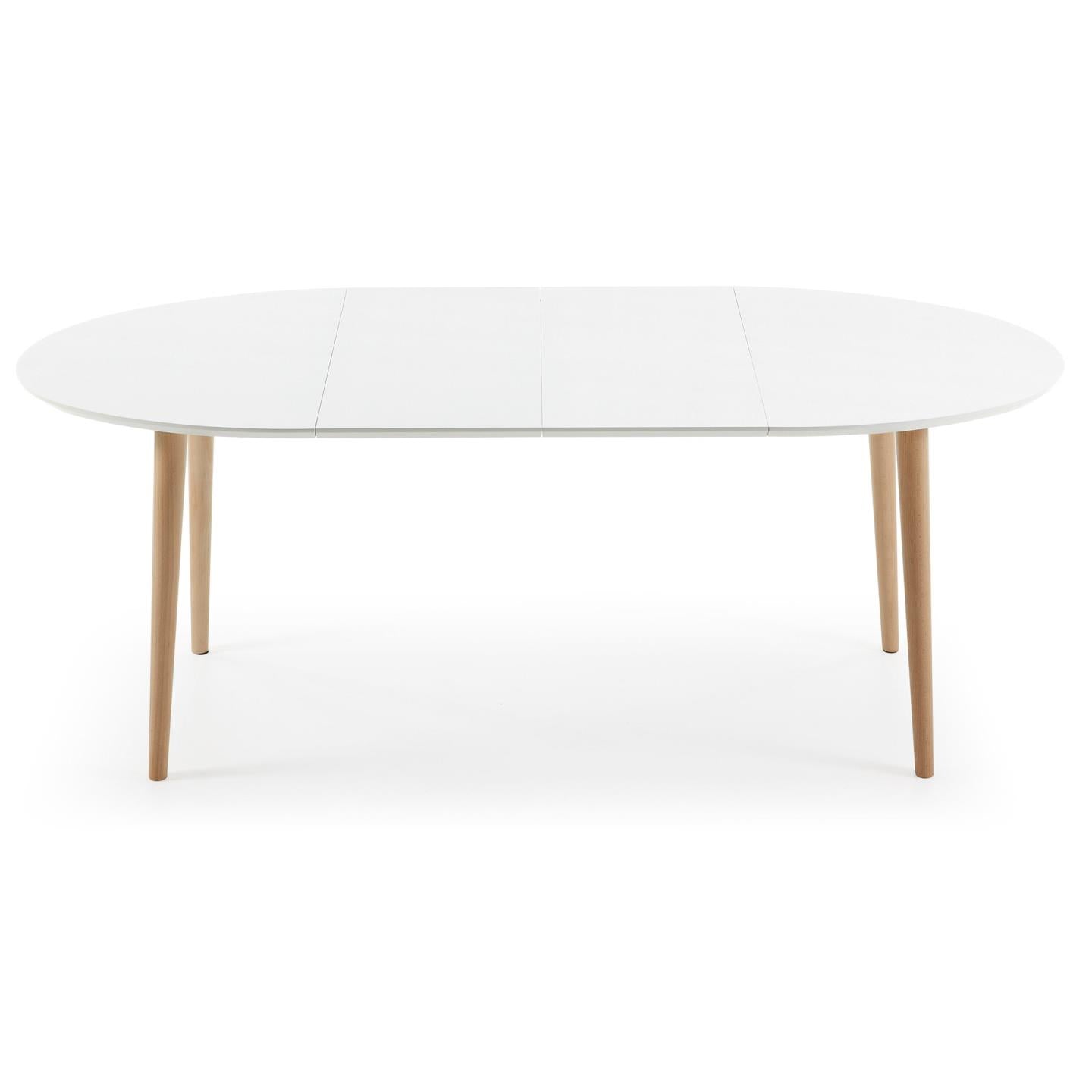 Oqui ovális kihúzható MDF asztal fehér lakkozással és tömör bükk lábakkal 120 (200) x 90 cm