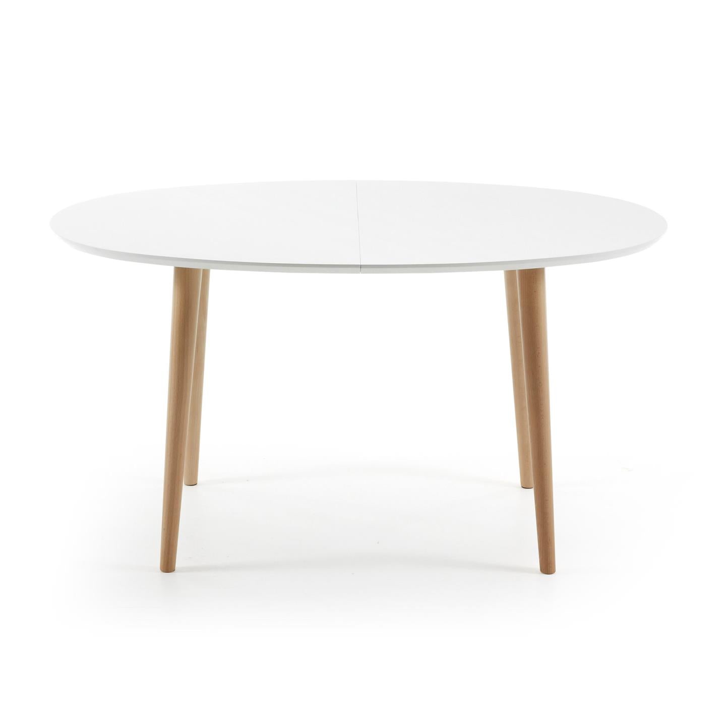 Oqui ovális kihúzható MDF asztal fehér lakkozással és tömör bükkfa lábakkal 140(220)x90 cm