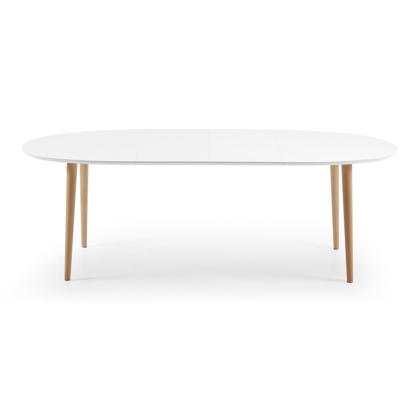 Oqui ovális kihúzható MDF asztal fehér lakkozással és tömör bükkfa lábakkal 140(220)x90 cm