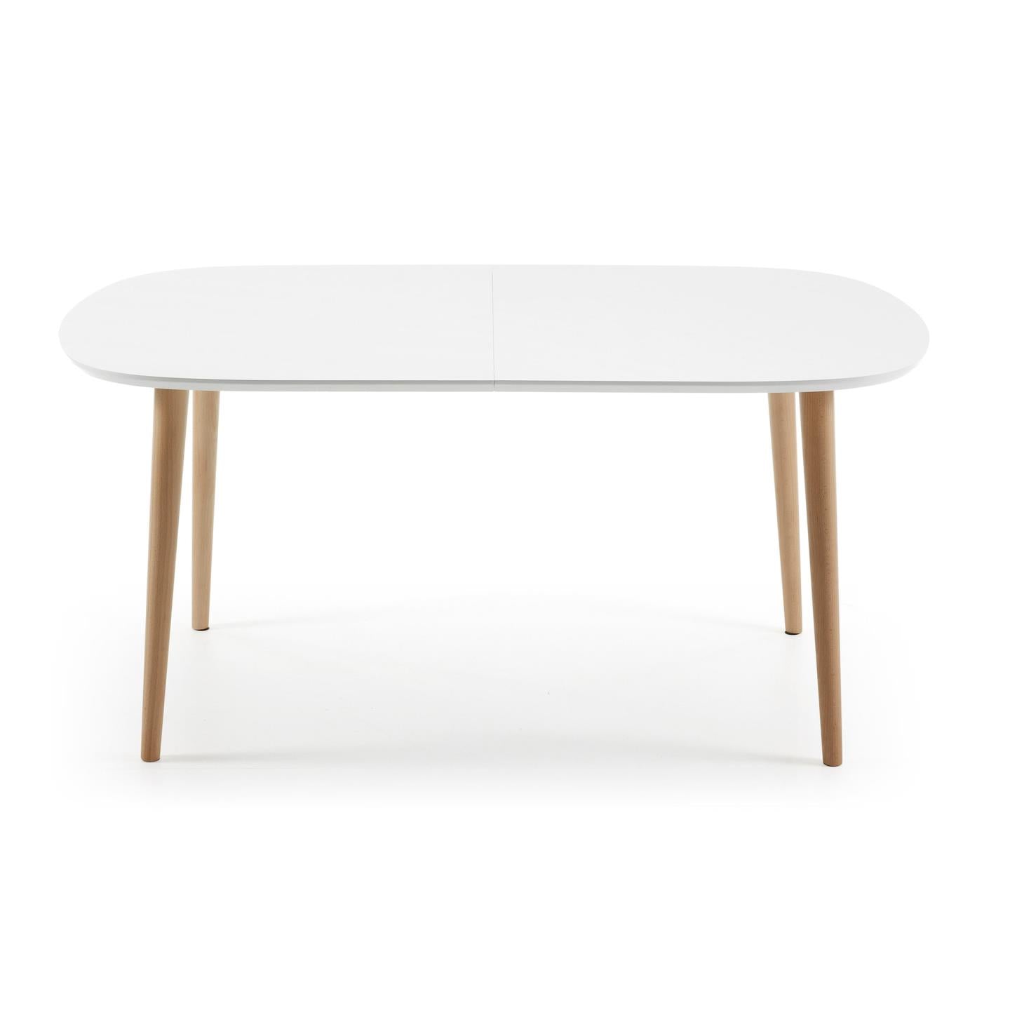Oqui extendable oval table with an oak veneer and solid wood legs, Ø 160 (260) x 100 cm