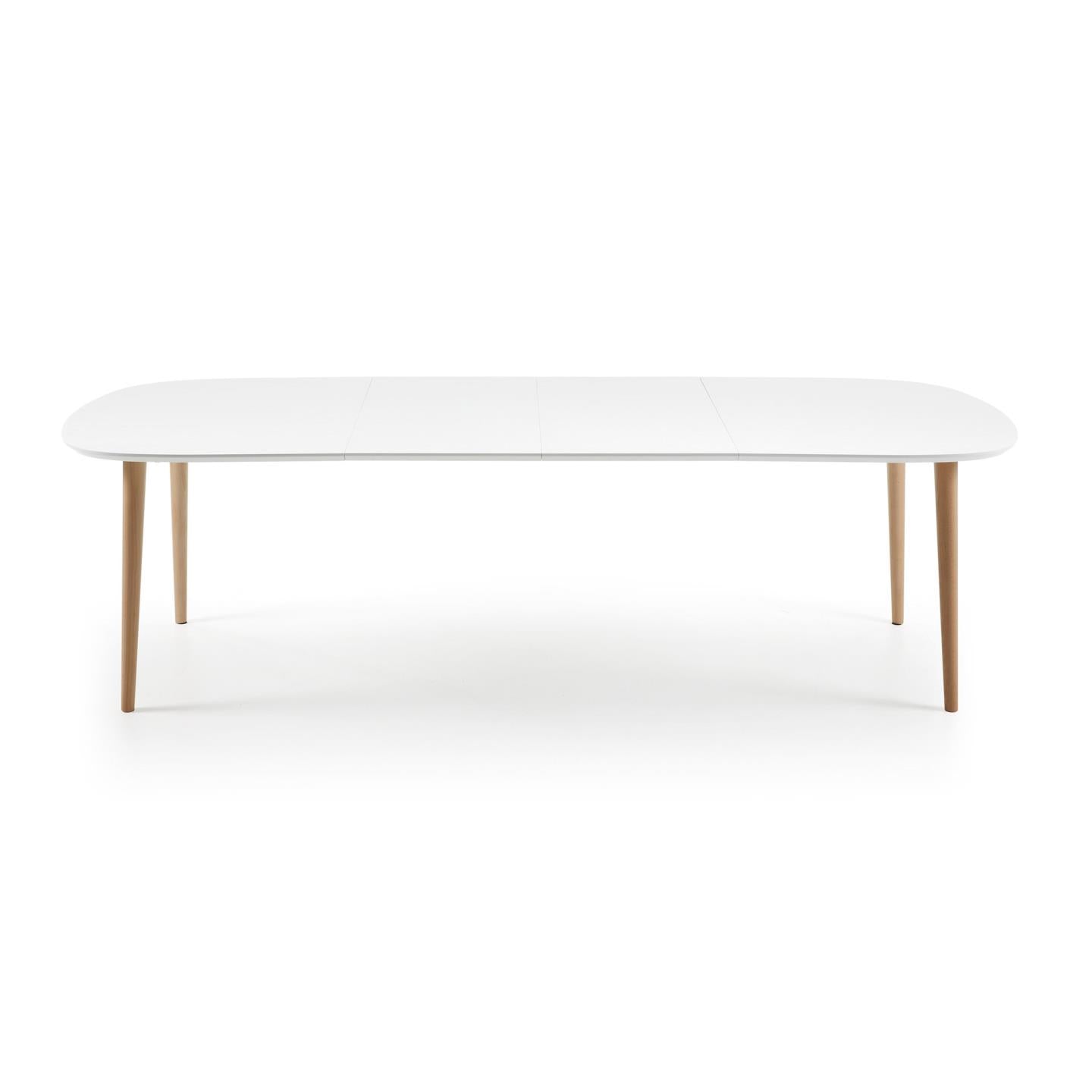 Oqui kihúzható ovális asztal tölgyfafurnérral és tömörfa lábakkal, Ø 160 (260) x 100 cm