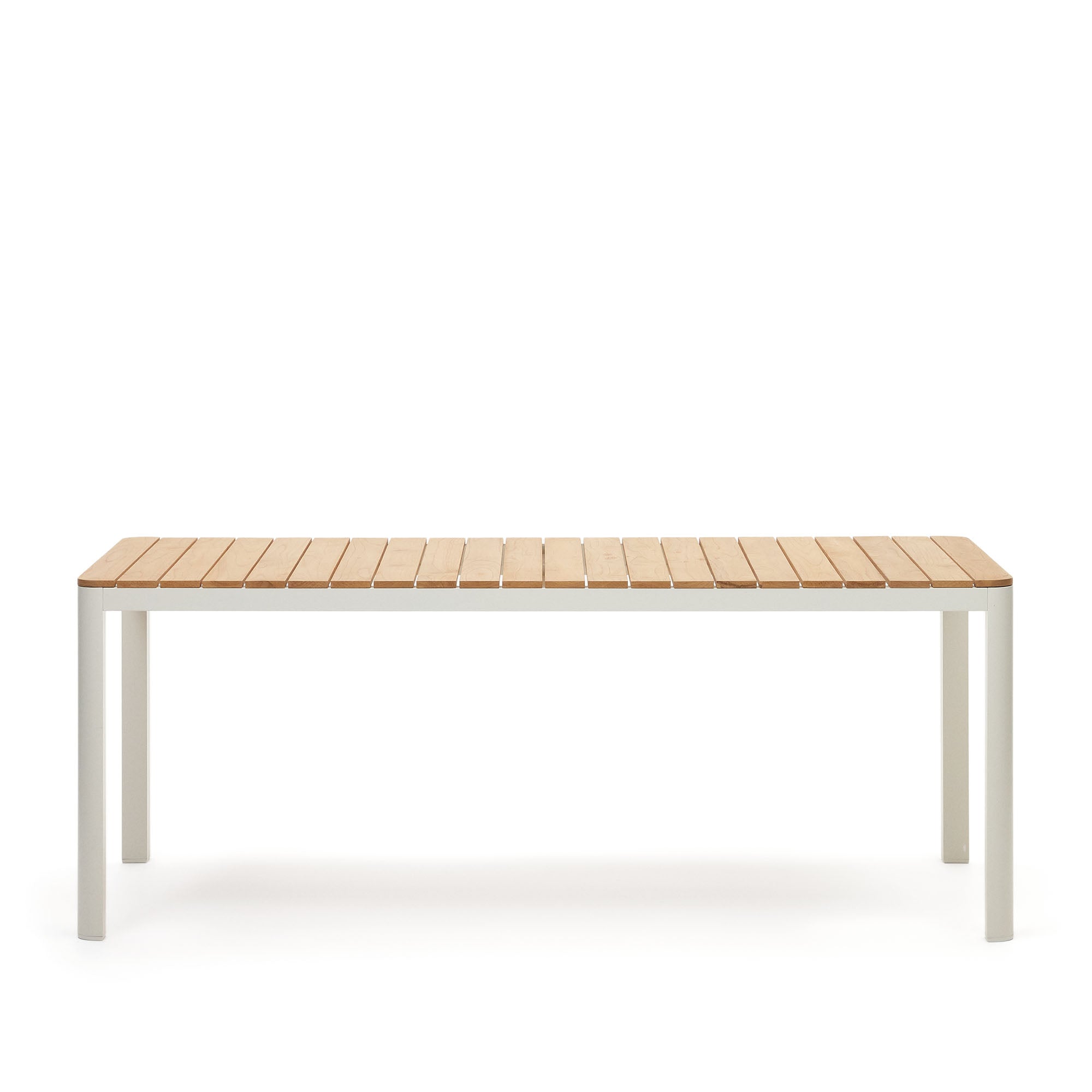 Bona alumínium és tömör teakfa asztal, 100%-ban kültéri használatra alkalmas, fehér kivitelben, 200 x 100 cm