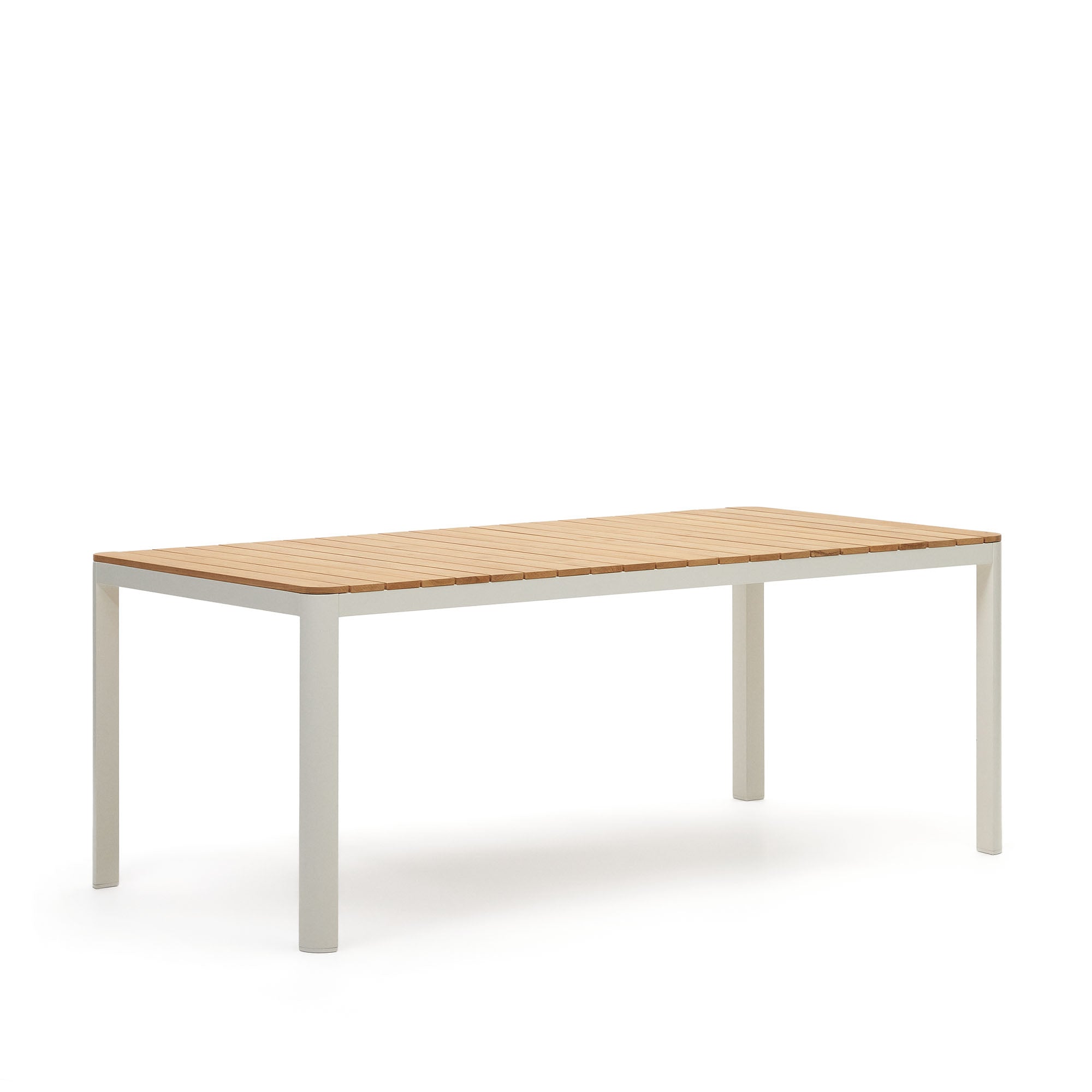 Bona alumínium és tömör teakfa asztal, 100%-ban kültéri használatra alkalmas, fehér kivitelben, 200 x 100 cm