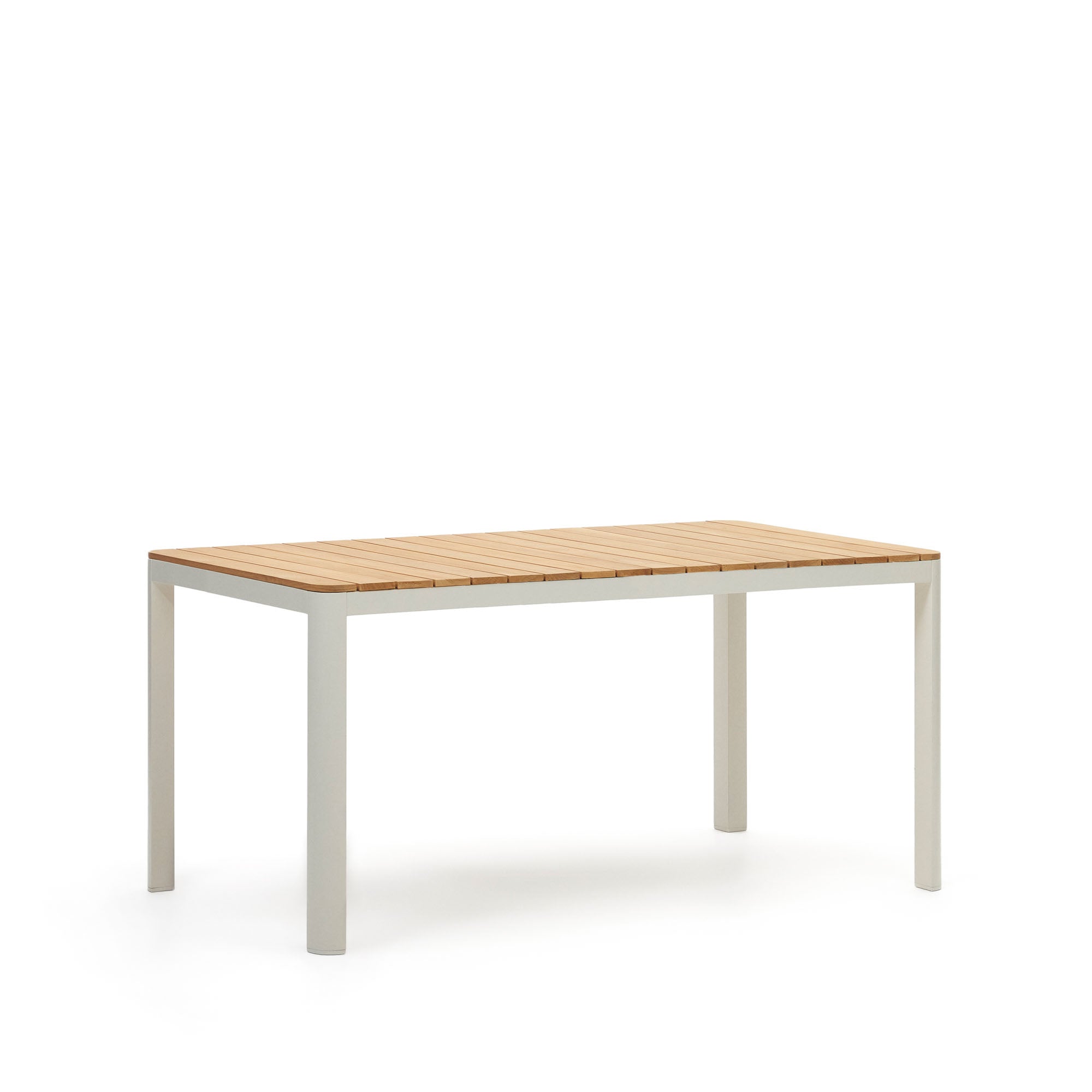 Bona alumínium és tömör teakfa asztal, 100%-ban kültéri használatra alkalmas, fehér kivitelben, 160 x 90 cm