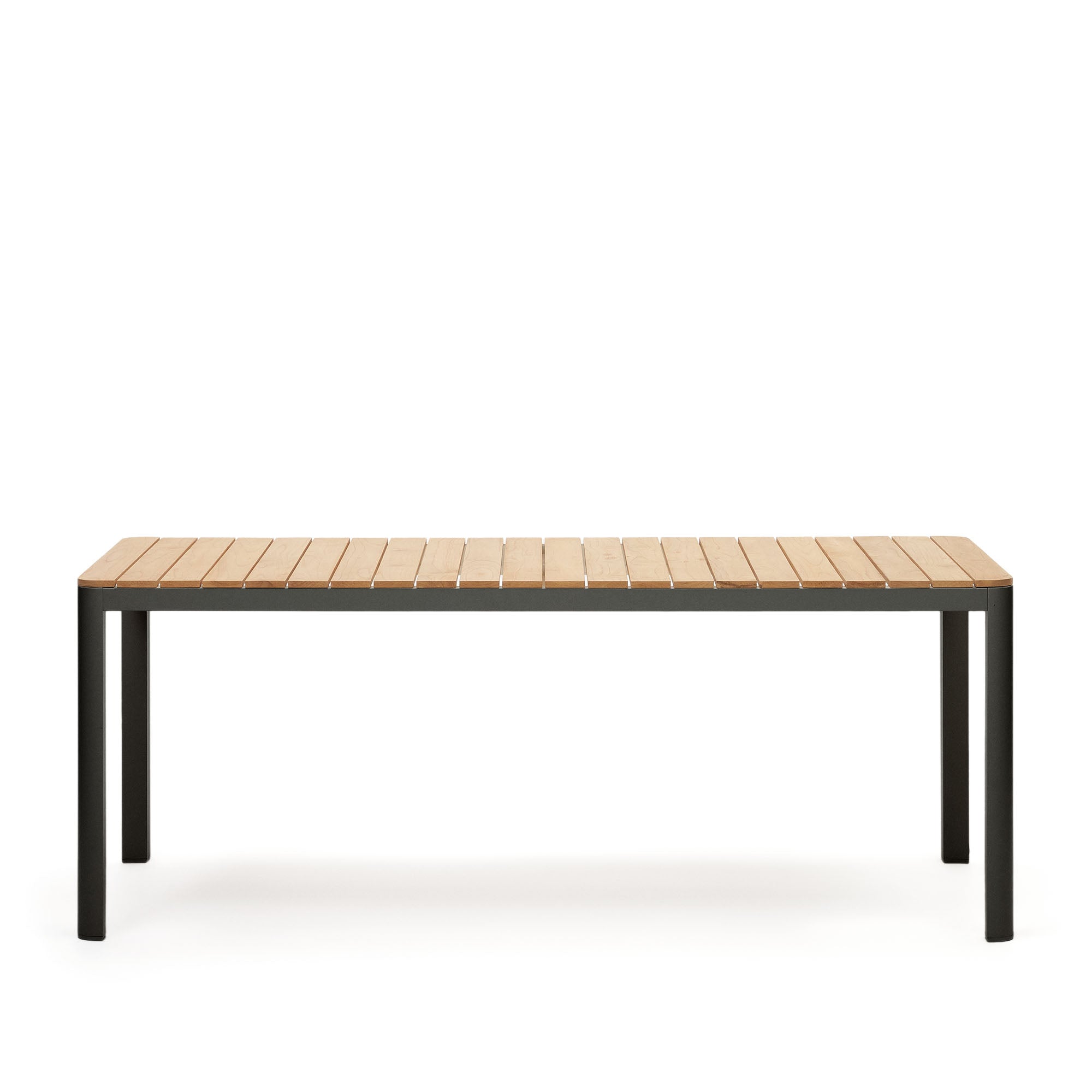 Bona alumínium és tömör teakfa asztal, 100%-ban kültéri használatra alkalmas, fekete kivitelben, 200 x 100 cm