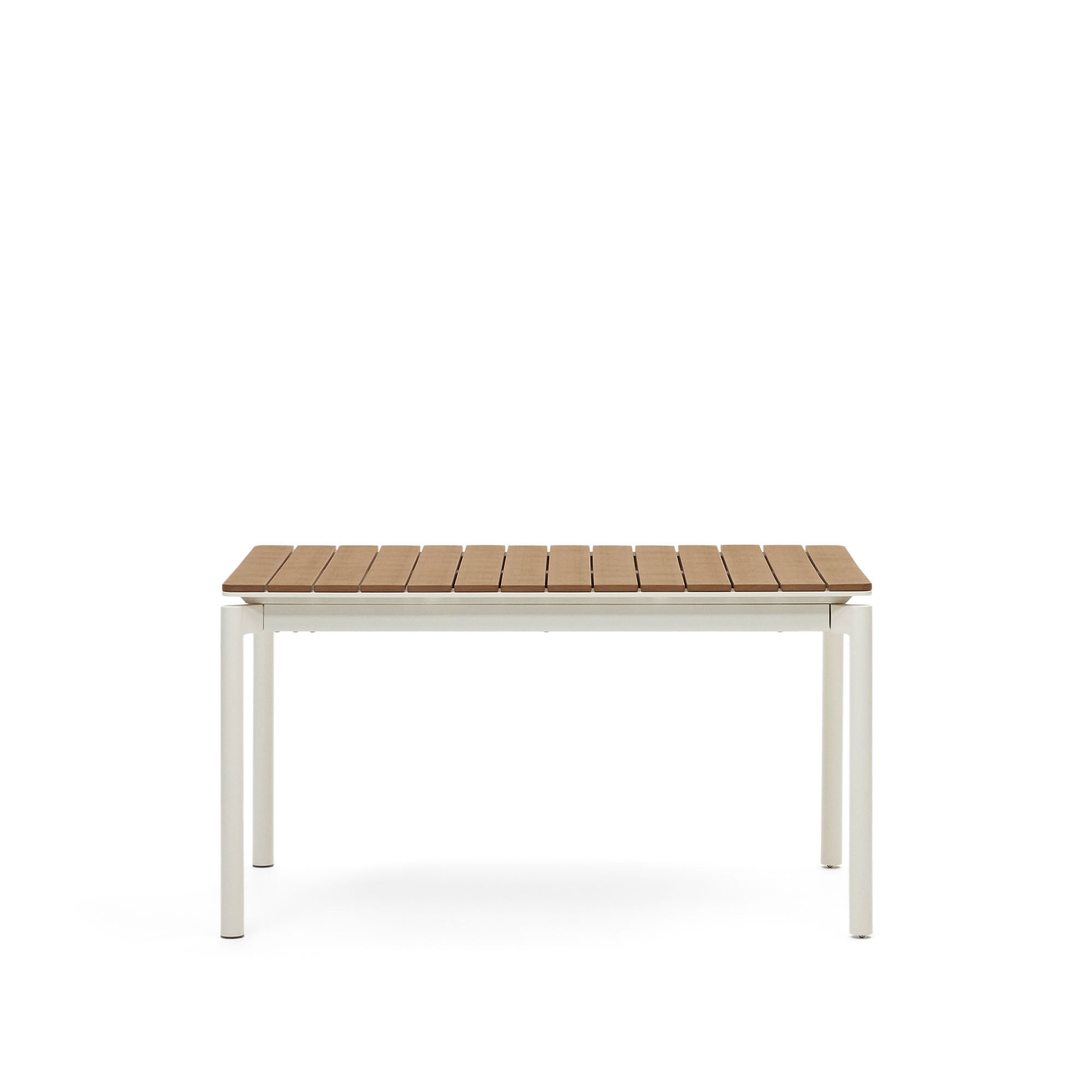 Canyelles kihúzható kültéri asztal, műanyag fűrészáru és matt fehér alumínium, 140 (200) x 90 cm