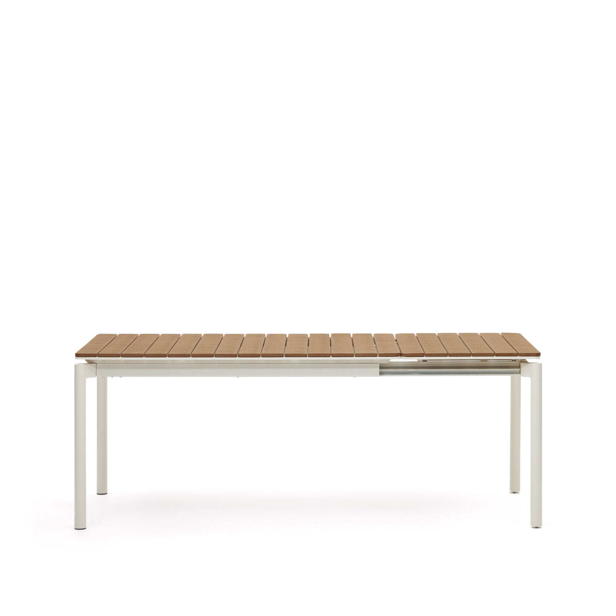 Canyelles kihúzható kültéri asztal, műanyag fűrészáru és matt fehér alumínium, 140 (200) x 90 cm