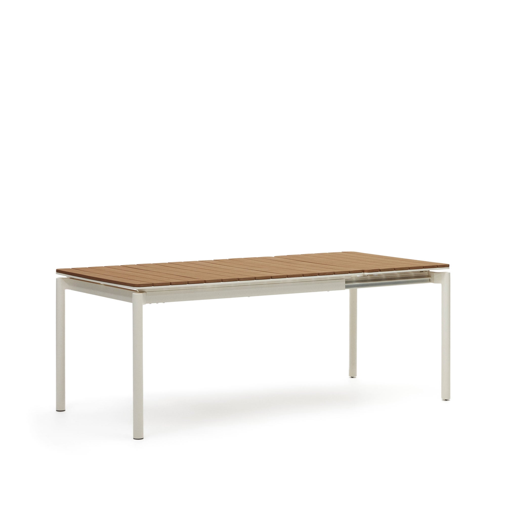 Canyelles extendable outdoor table, plastic lumber and matte white aluminium, 140 (200) x 90 cm