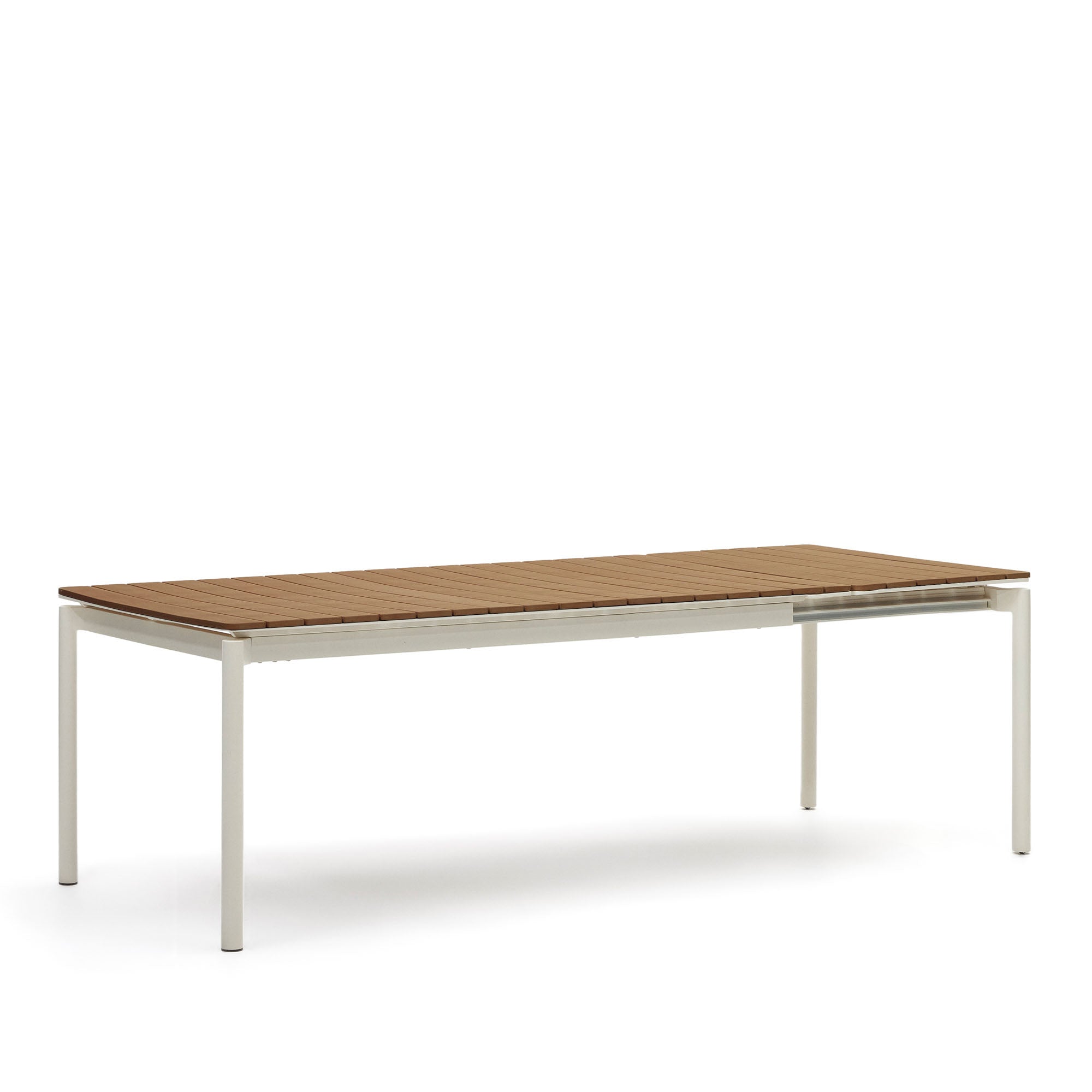 Canyelles kihúzható kültéri asztal, műanyag fűrészáru és matt fehér alumínium, 180 (240) x 100 cm