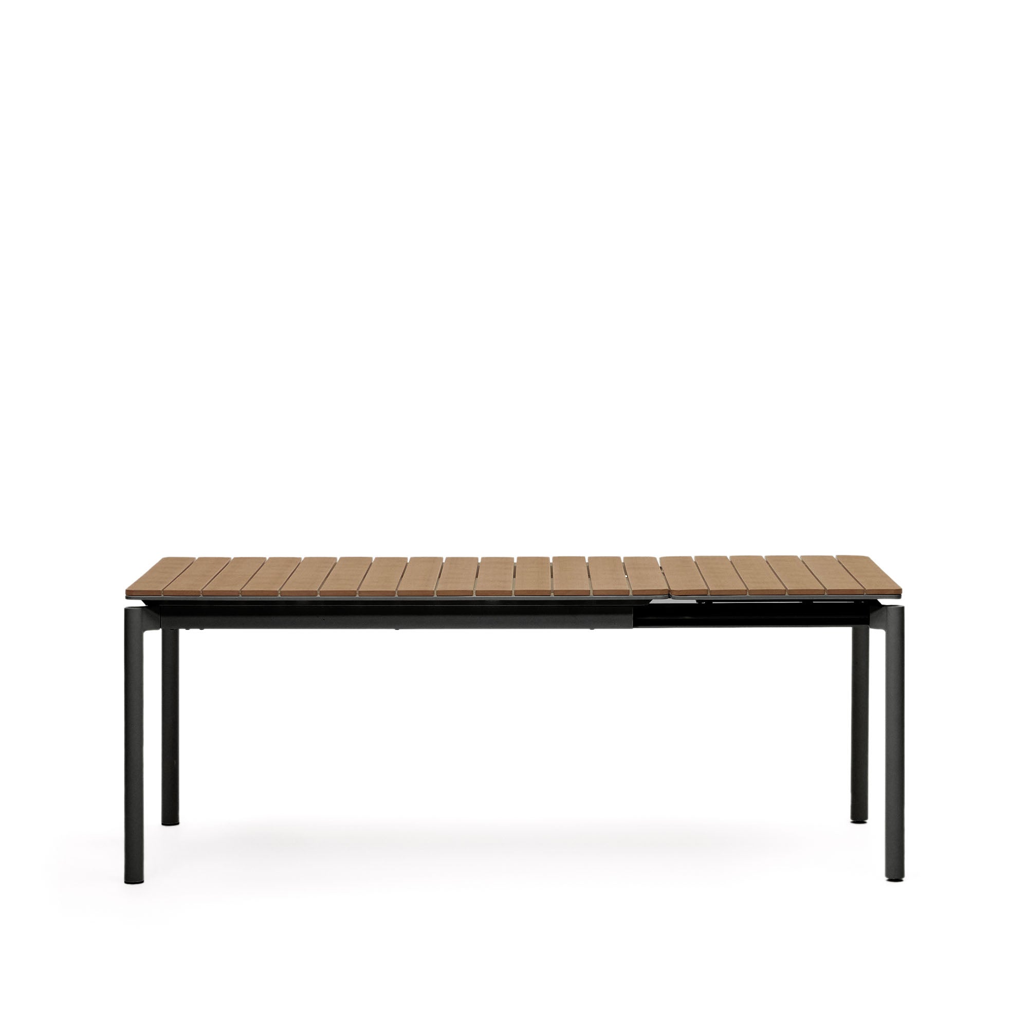 Canyelles kihúzható kültéri asztal, műanyag fűrészáru és matt fekete alumínium, 140 (200) x 90 cm