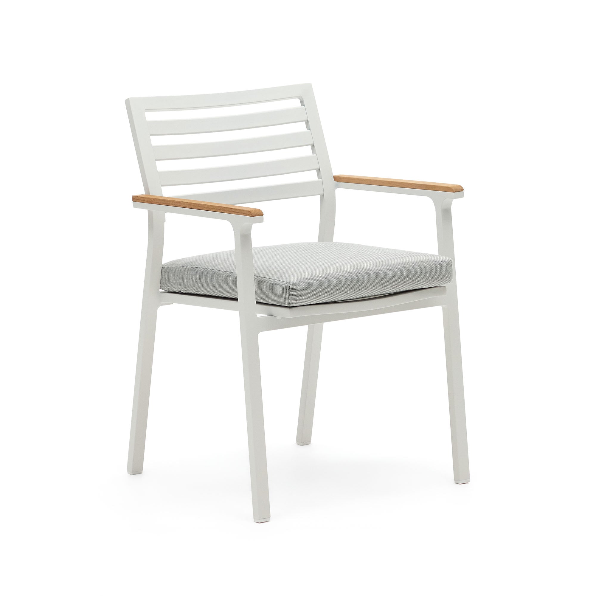 Bona alumíniumból készült, egymásba rakható kerti szék fehér kivitelben, tömör teakfa karfával.