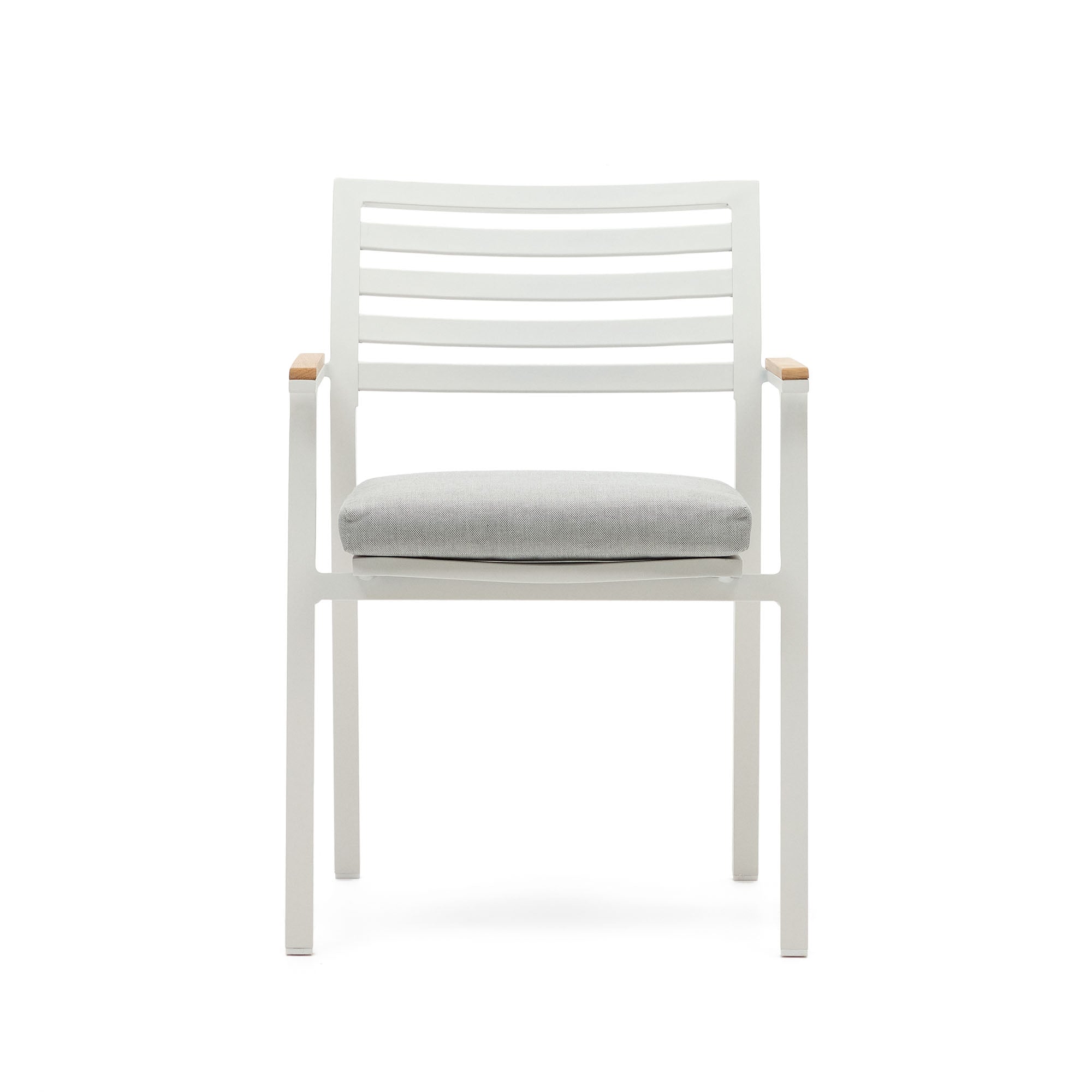 Bona aluminium stackable garden chair with a white finish and solid teak wood armrests