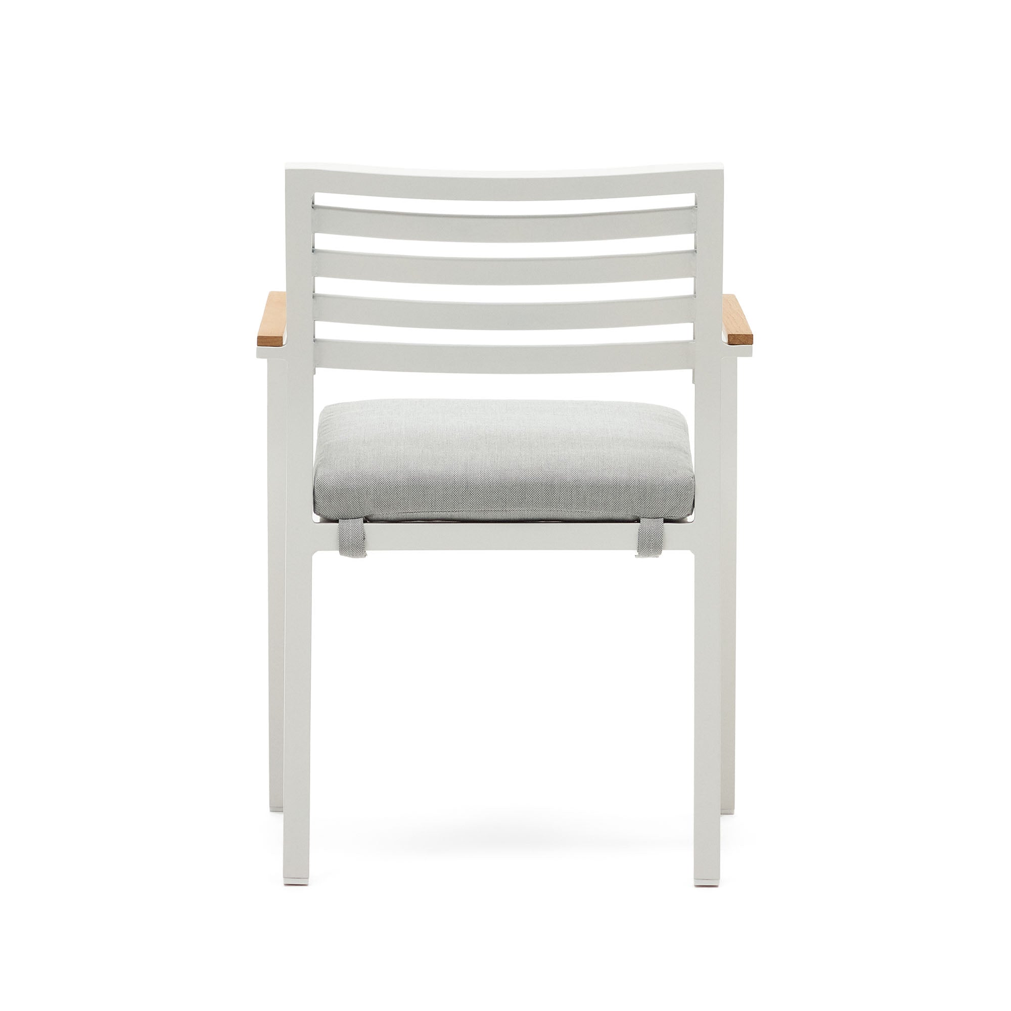 Bona aluminium stackable garden chair with a white finish and solid teak wood armrests