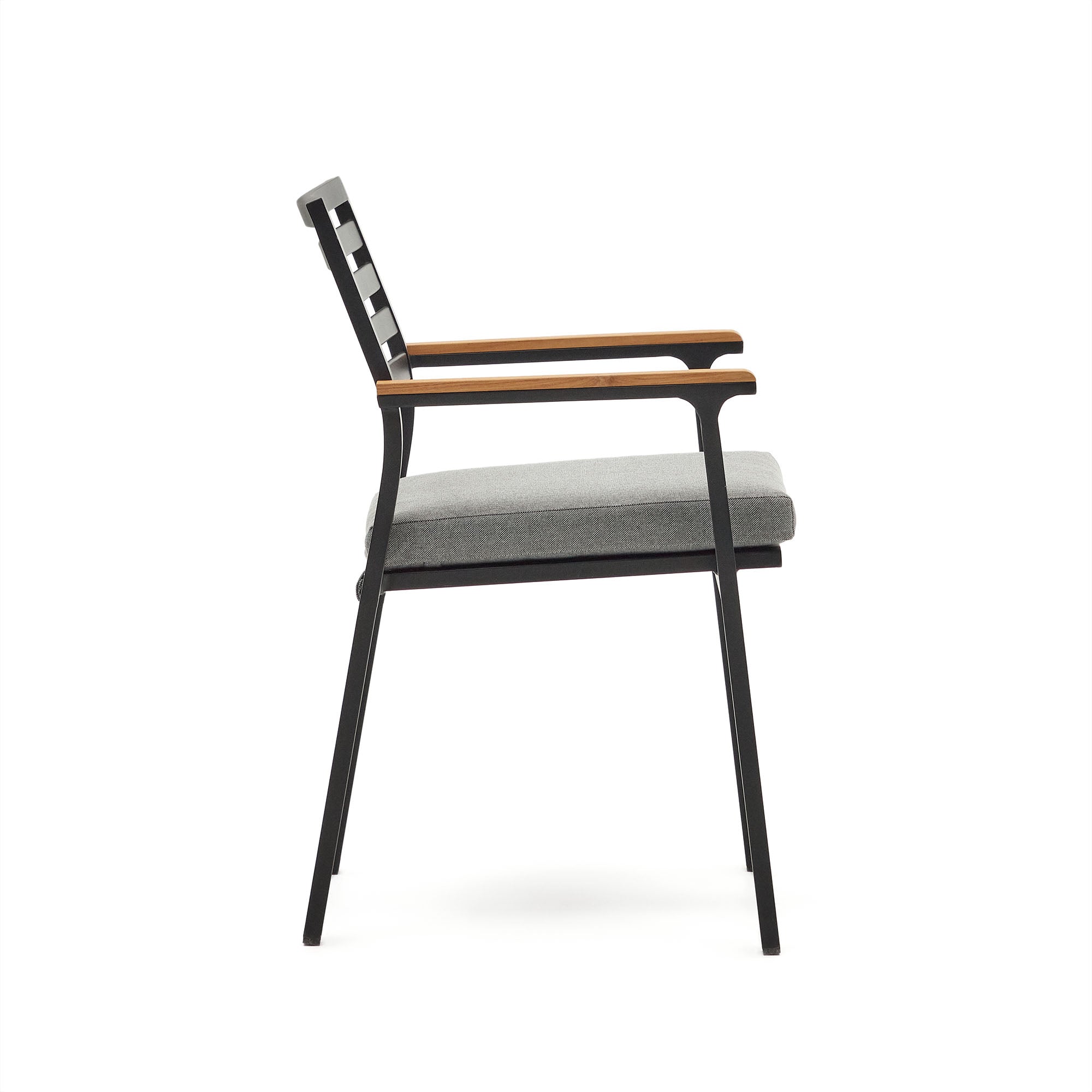 Bona stackable aluminium garden chair with a black finish and solid teak wood armrests