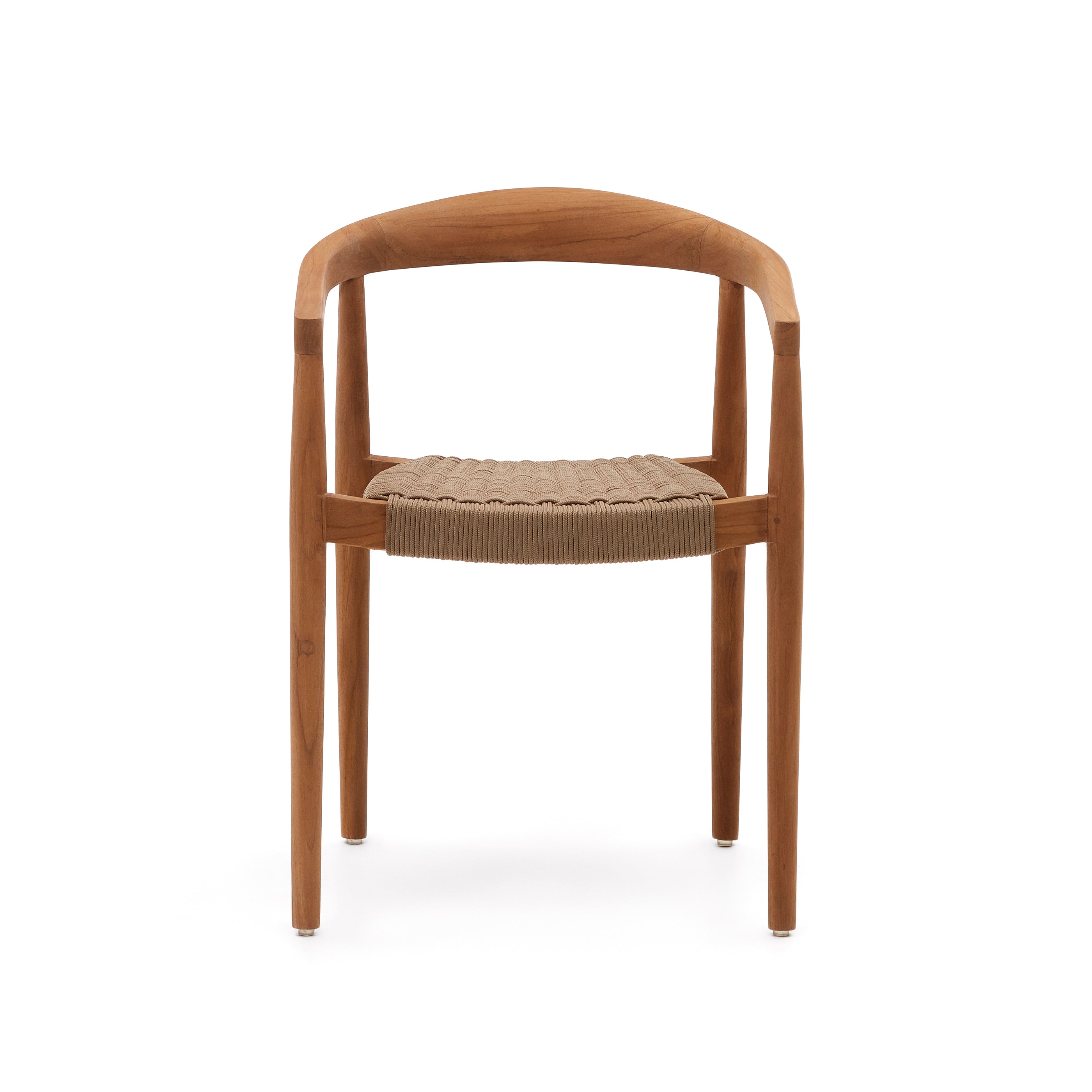 Ydalia stackable outdoor chair in solid teak wood with natural finish and beige rope