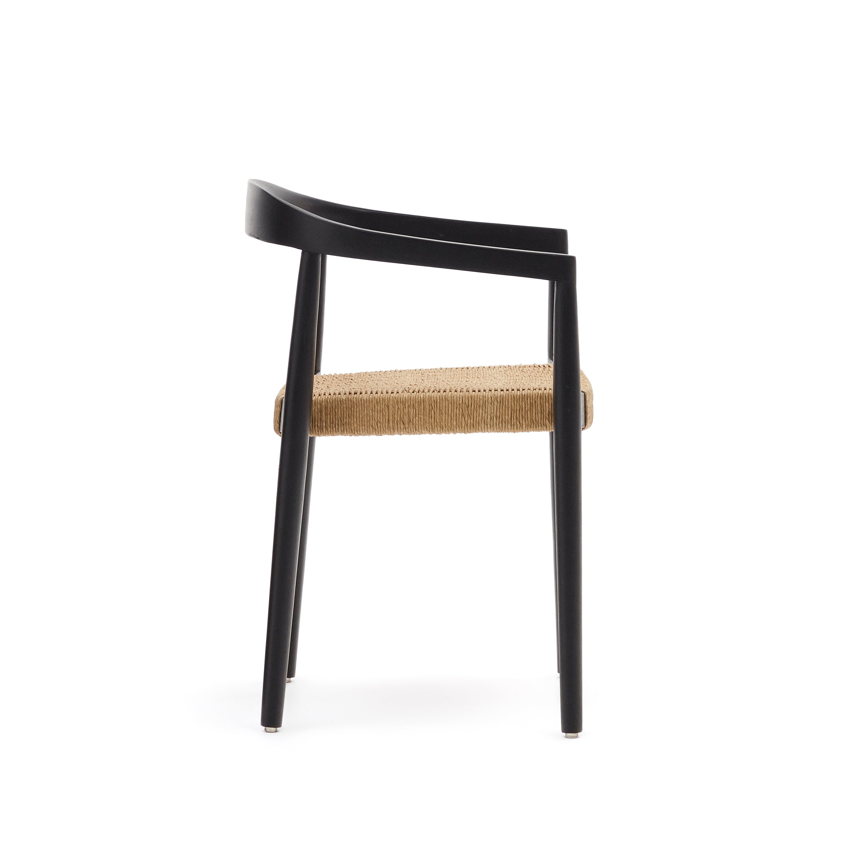 Ydalia stackable outdoor chair in solid teak wood with black finish and natural rope