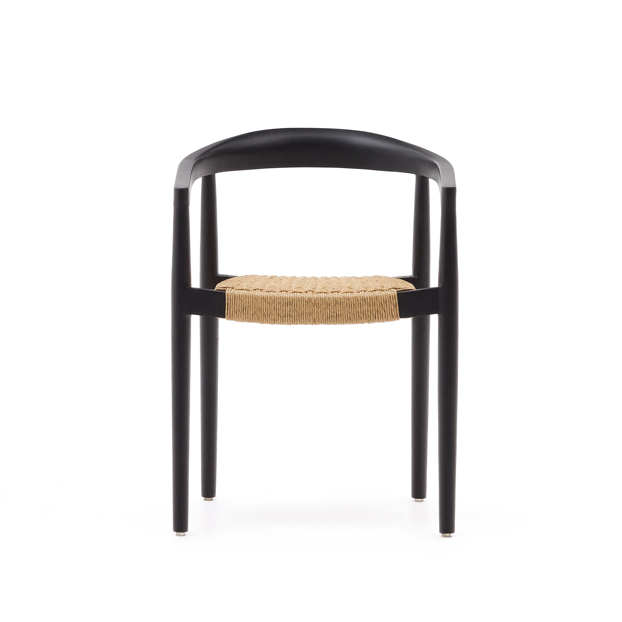 Ydalia stackable outdoor chair in solid teak wood with black finish and natural rope