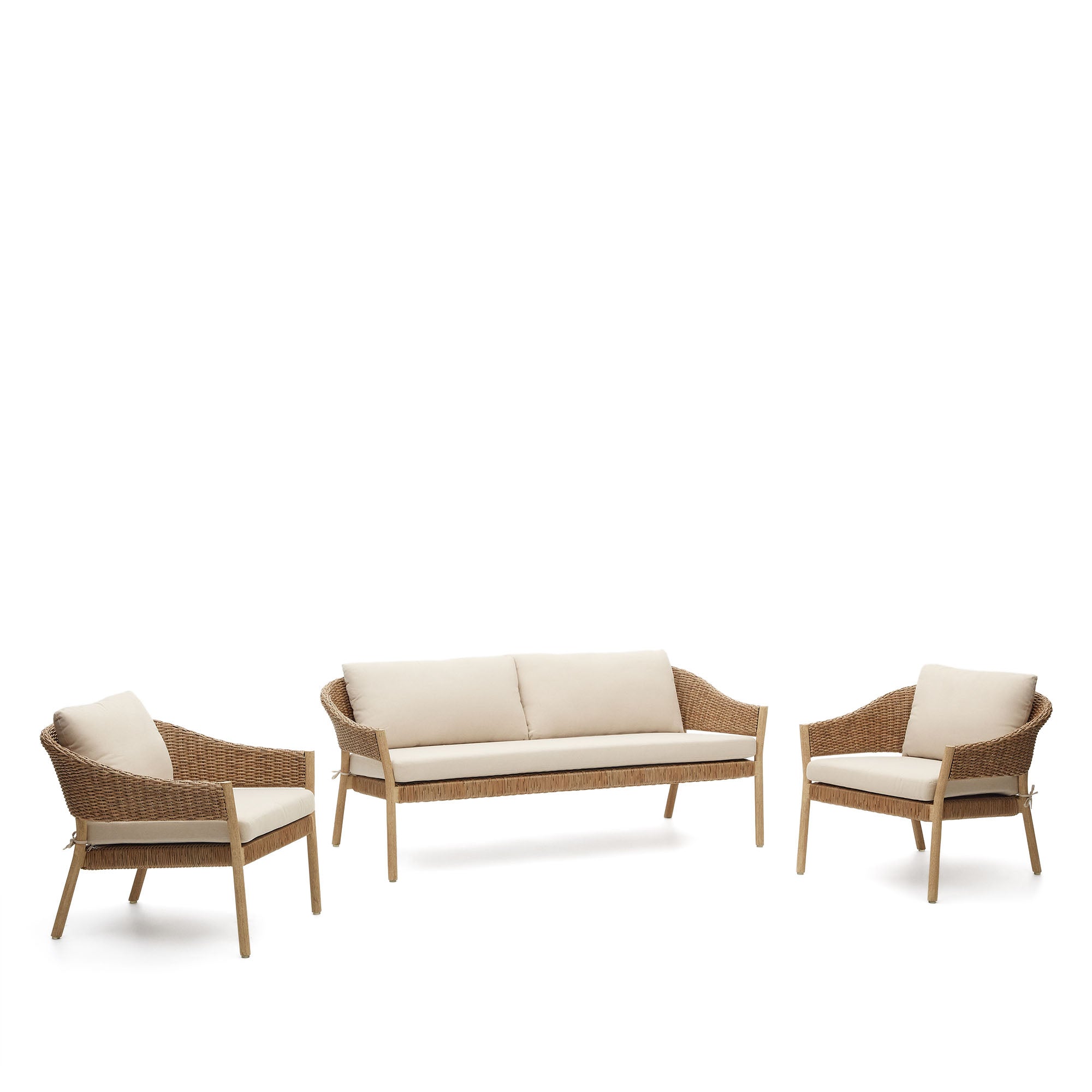 Pola stackable set, 2 seater sofa & 2 armchairs in solid eucalyptus and faux-rattan, FSC