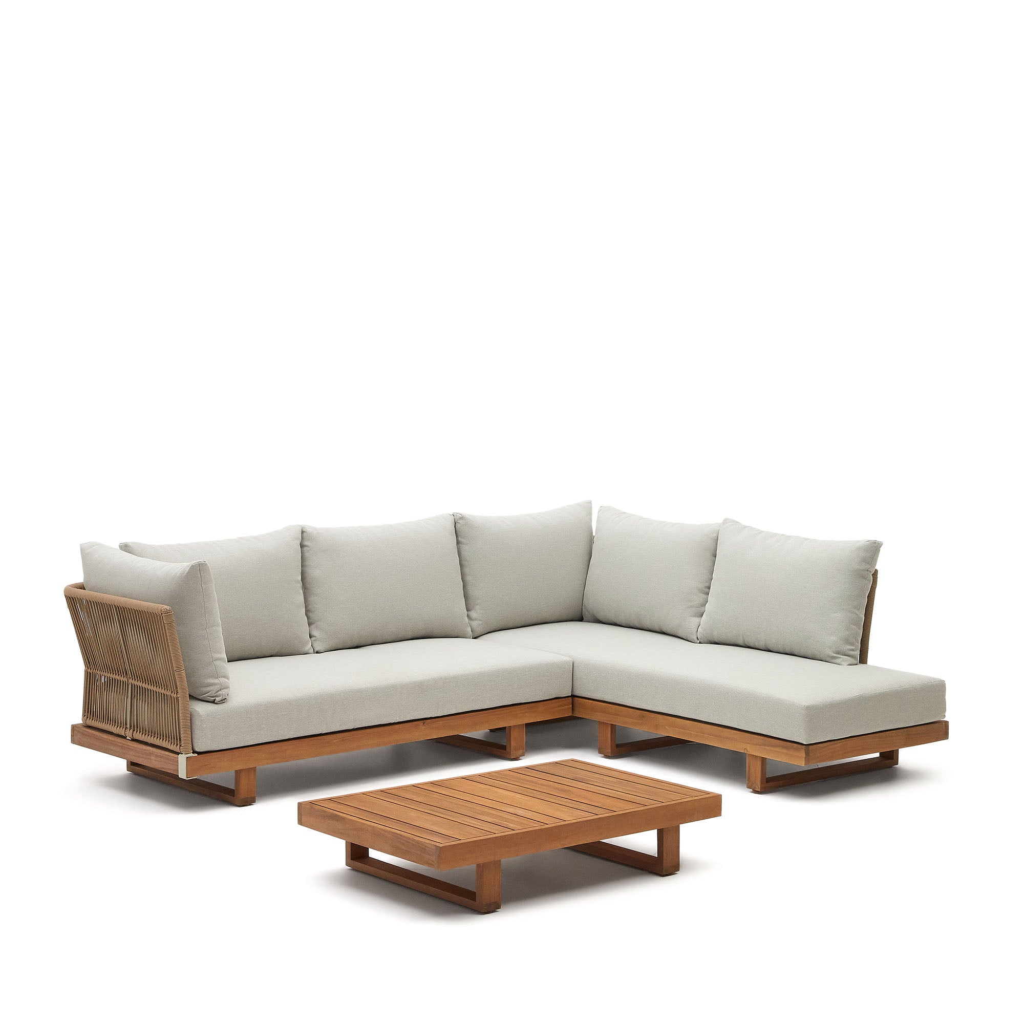 Raco 5 seater corner sofa and coffee table, made from solid acacia wood