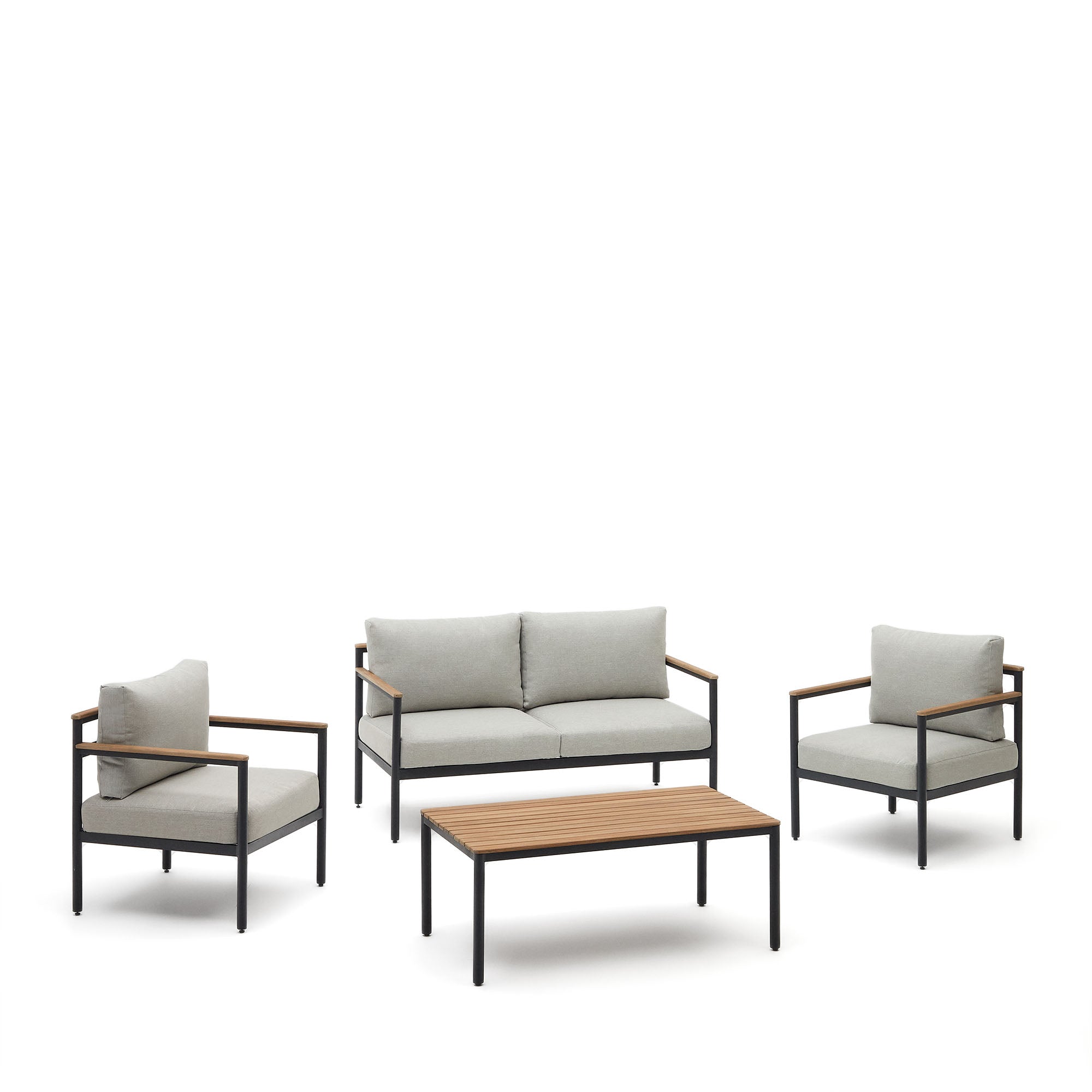 Aiguafreda set, 2 seater sofa, 2 chairs & coffee table made from grey aluminium & acacia