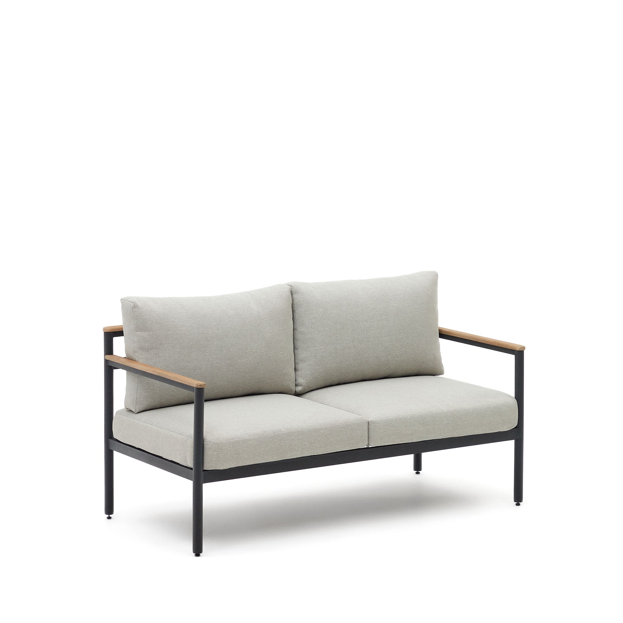 Aiguafreda garnitúra, 2 személyes kanapé, 2 szék és dohányzóasztal szürke alumíniumból és akácfából.