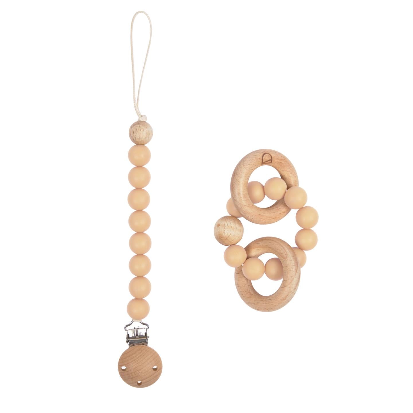Epiphany dummy and teething ring set in beige silicone and wood