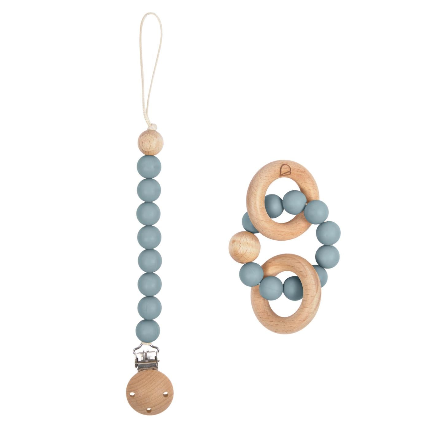 Epiphany dummy and teething ring set in blue silicone and wood