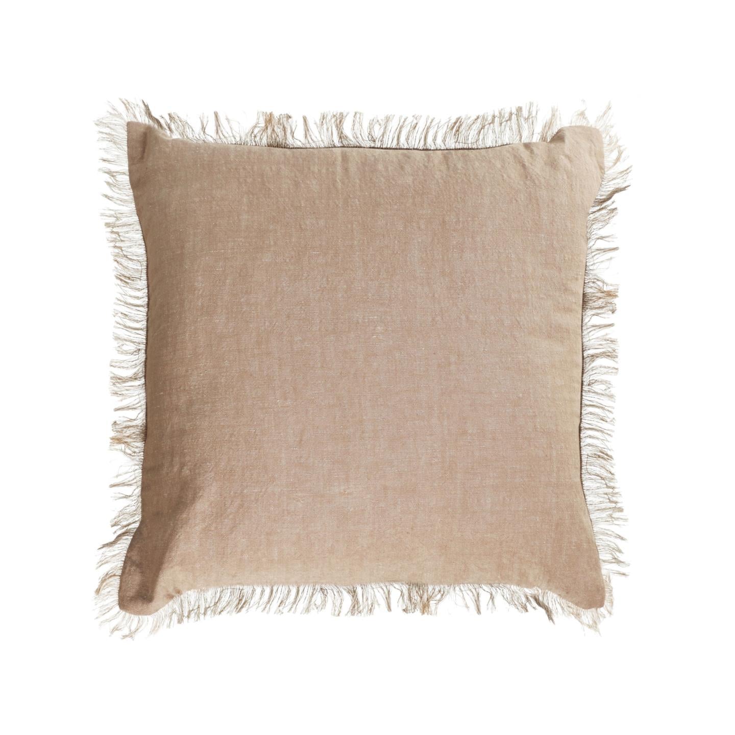 Abinadi beige cotton and linen cushion cover with fringe 45 x 45 cm