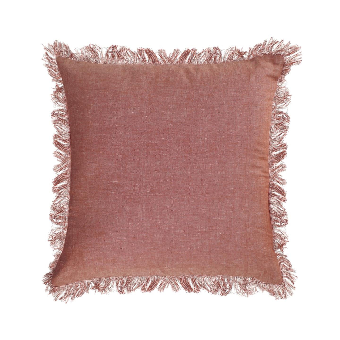 Abinadi terracotta cotton and linen cushion cover with fringe 45 x 45 cm