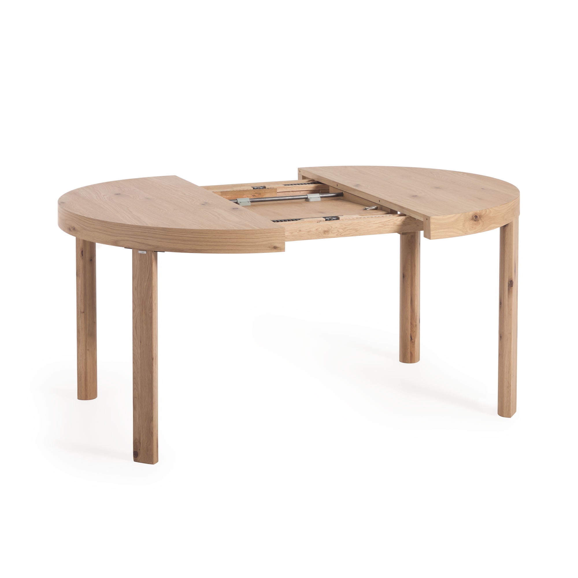 Extendable circular table Colleen with an oak veneer and solid wood legs Ø120(170)x120 cm