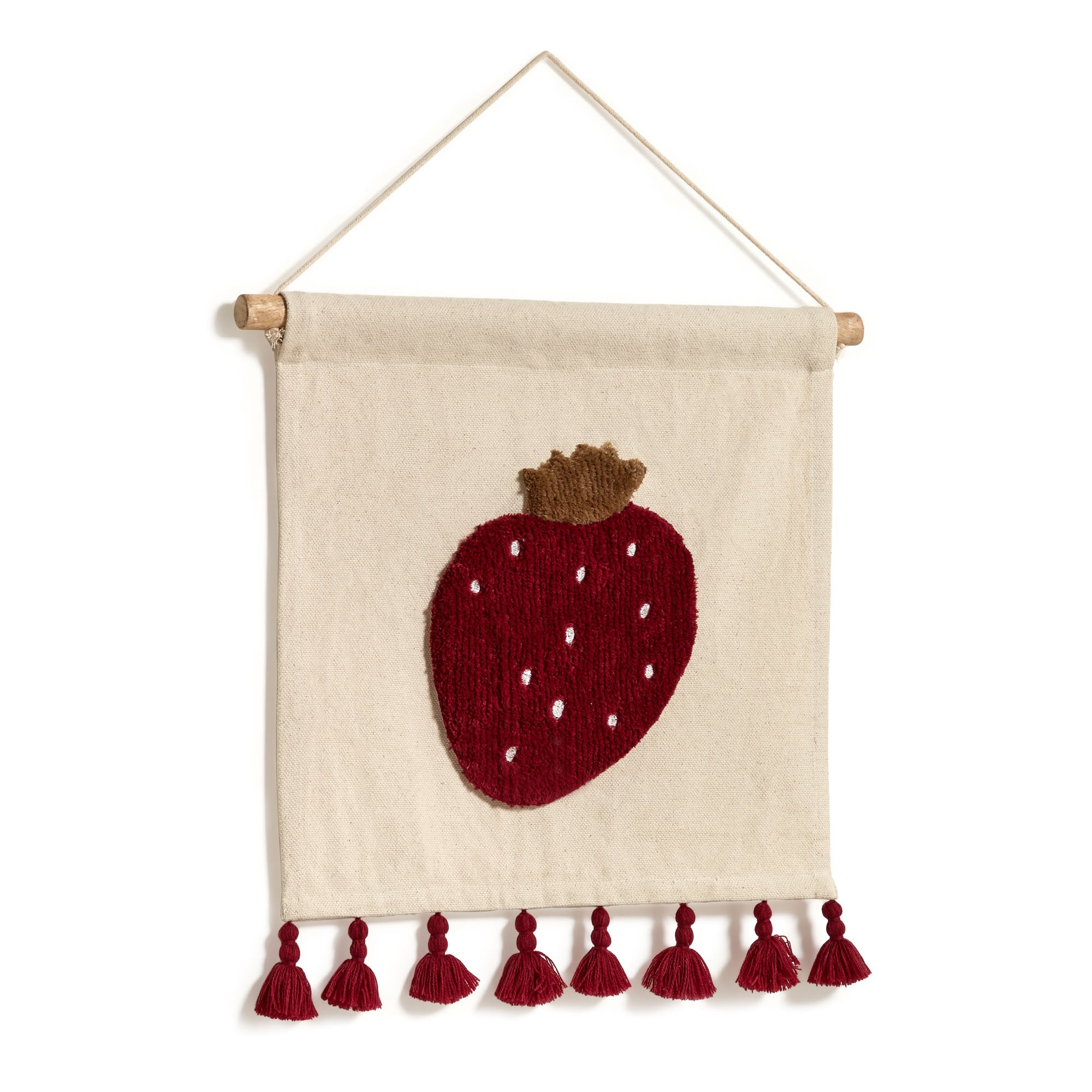 Amarantha 100% cotton wall hanging with red strawberry and tassels in white, 40 x 40 cm
