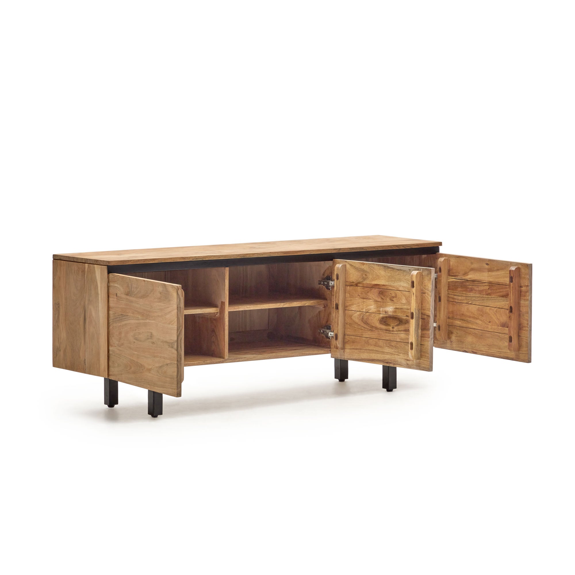 Uxue TV stand with 3 solid acacia wood doors in a natural finish, 150 x 58 cm