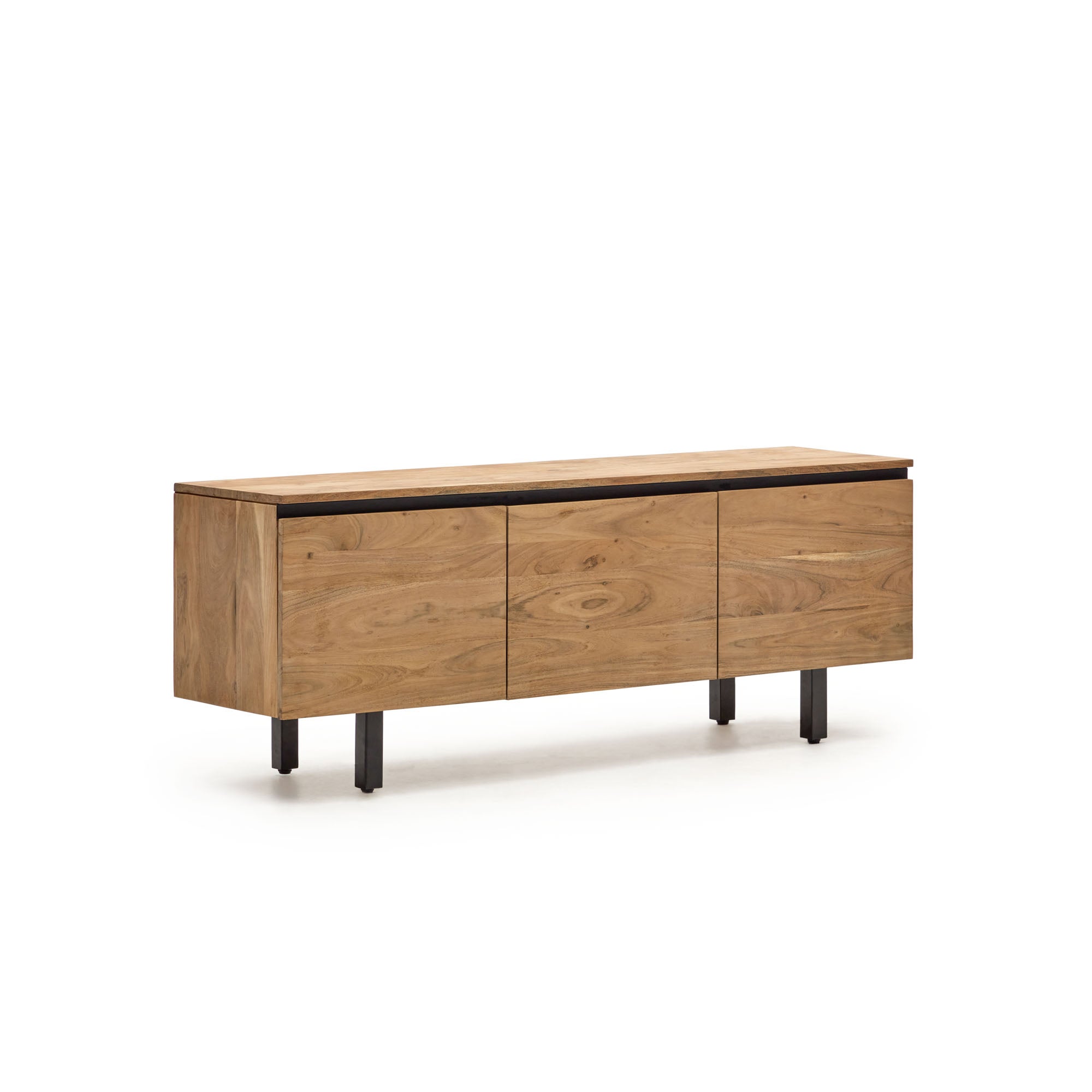 Uxue TV stand with 3 solid acacia wood doors in a natural finish, 150 x 58 cm