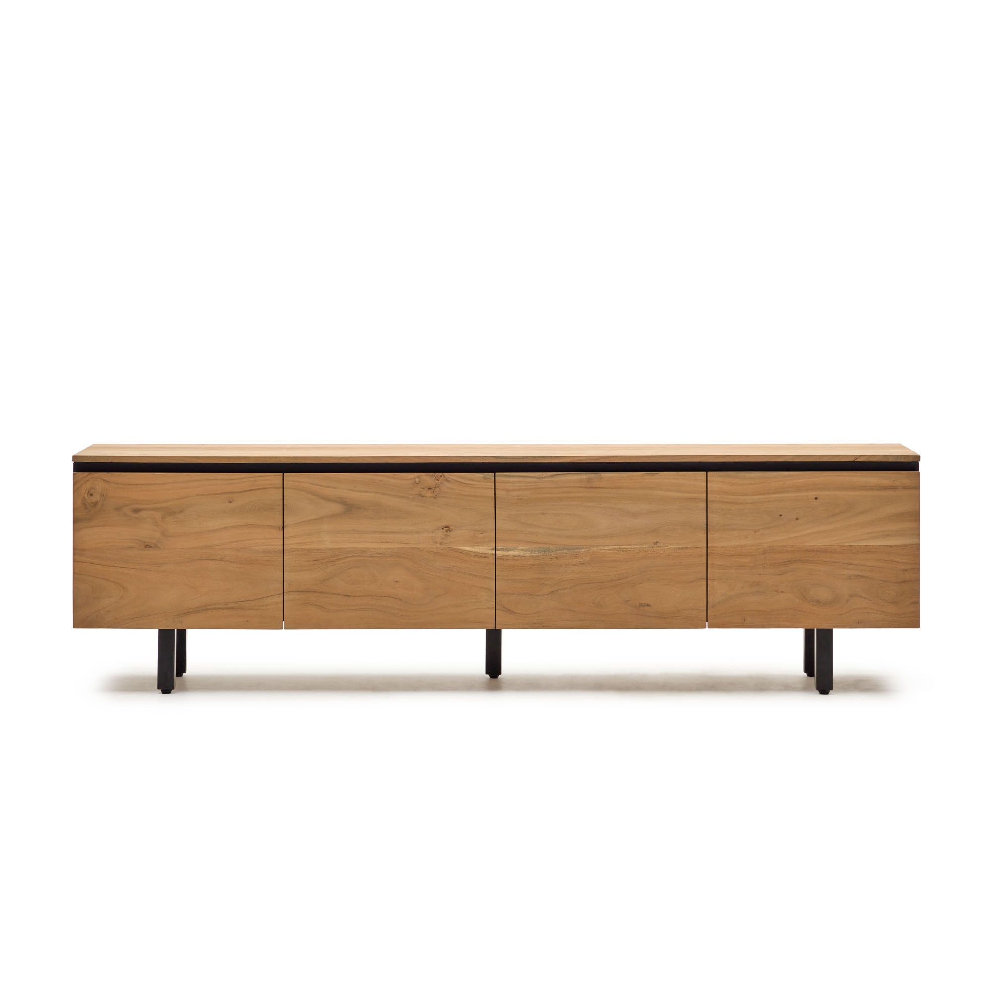 Uxue TV stand with 4 solid acacia wood doors in a natural finish, 200 x 58 cm